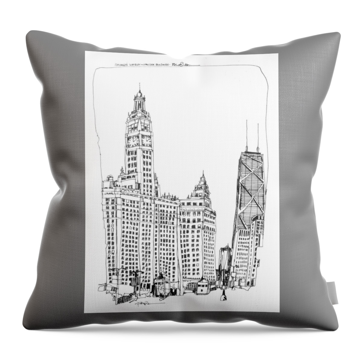 Chicago's Wrigley And Hancock Buildings Throw Pillow featuring the drawing Chicago Wrigley and Hancock Buildings by Robert Birkenes