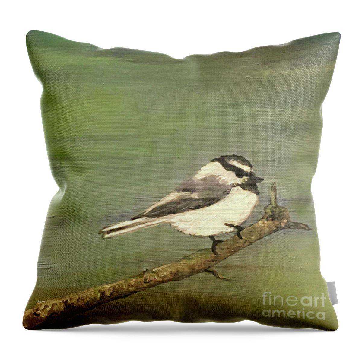 Mountain Chickadee Throw Pillow featuring the painting Chickadee dee dee by Shelley Myers