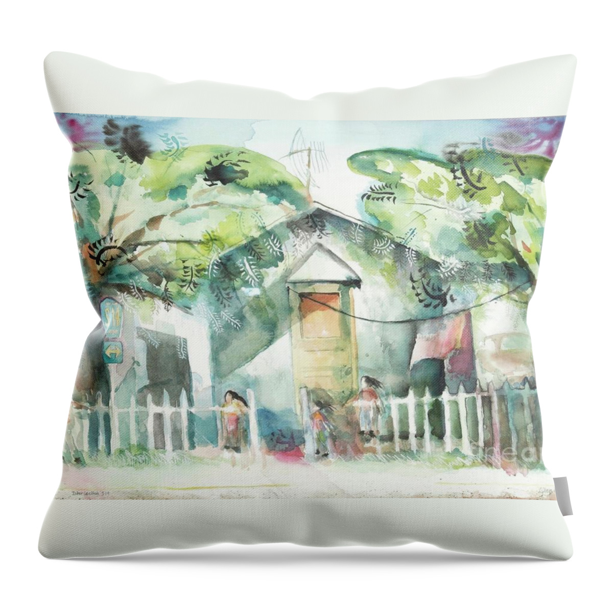#children #play #childrenatplay #watercolor #watercolorpainting #rural #house #trees #picketfence #fence #door #s14 #southerncalifornia #california #vista #glenneff #neff #thesoundpoetsmusic #picturerockstudio Www.glenneff.com Throw Pillow featuring the painting Children at Play by Glen Neff