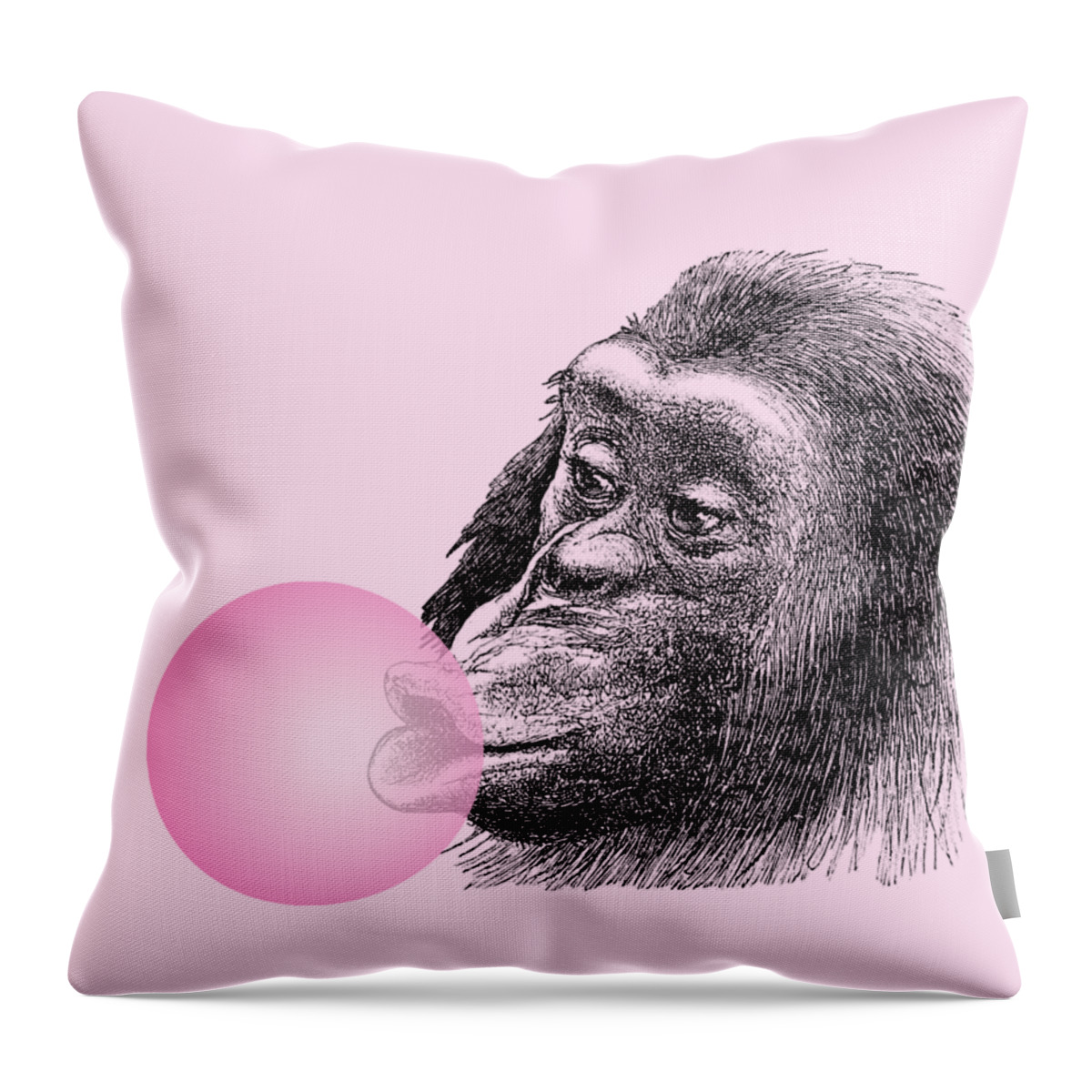 Chimpanzee Throw Pillow featuring the digital art Chimpanzee with pink bubblegum by Madame Memento