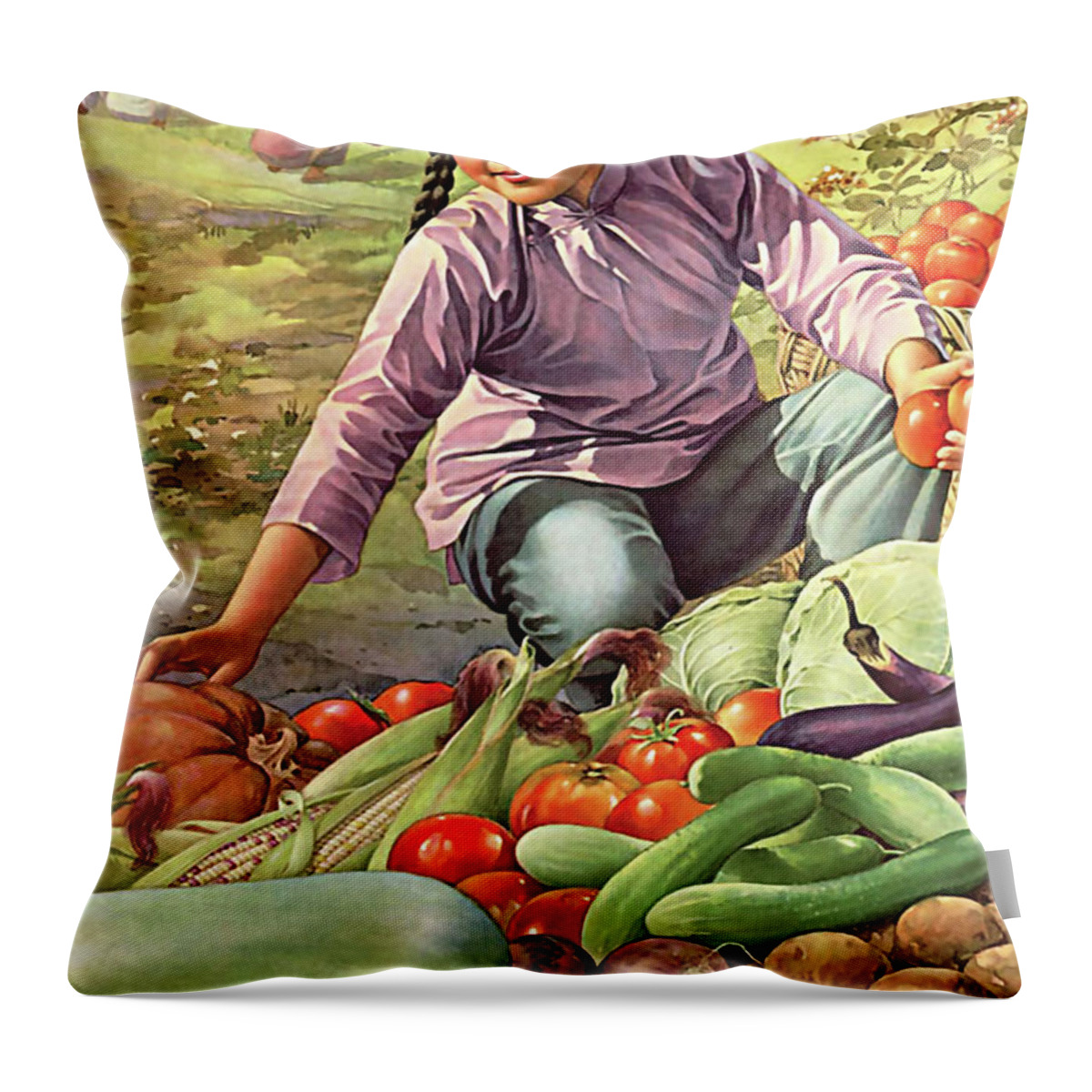 China Throw Pillow featuring the digital art Chinese Girl on a Farm by Long Shot