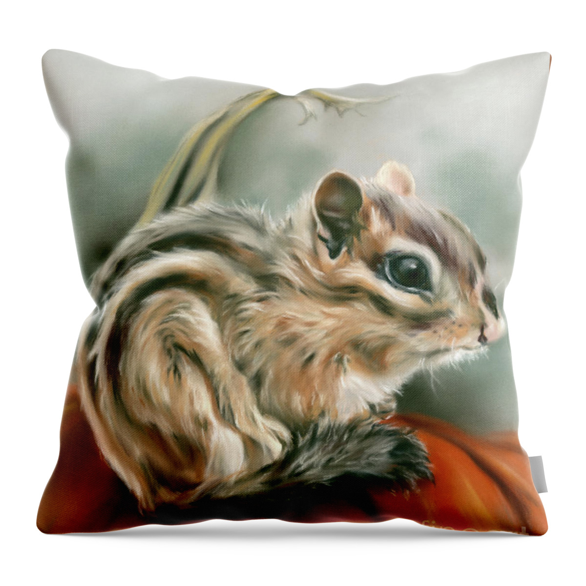 Animal Throw Pillow featuring the painting Chipmunk Sitting on a Pumpkin by MM Anderson