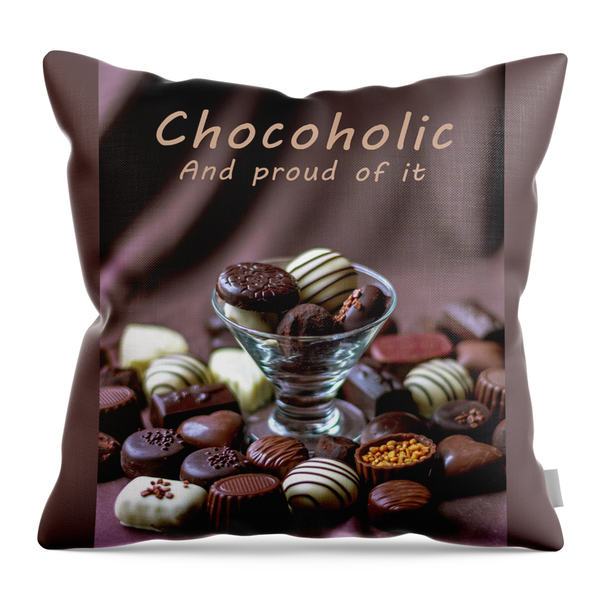 Food Throw Pillow featuring the photograph Chocolate still life on brown silk by Susan Sheldon