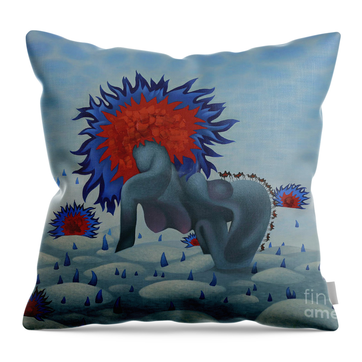 Mongolian Throw Pillow featuring the painting Choijin Spring by Tsegmid Tserennadmid