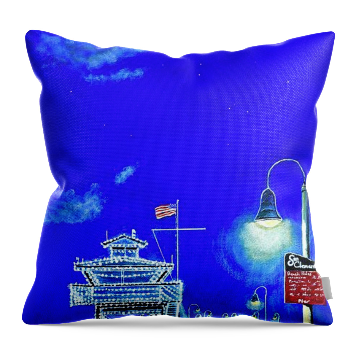 Pier Throw Pillow featuring the painting Christmas at San Clemente by Mary Scott