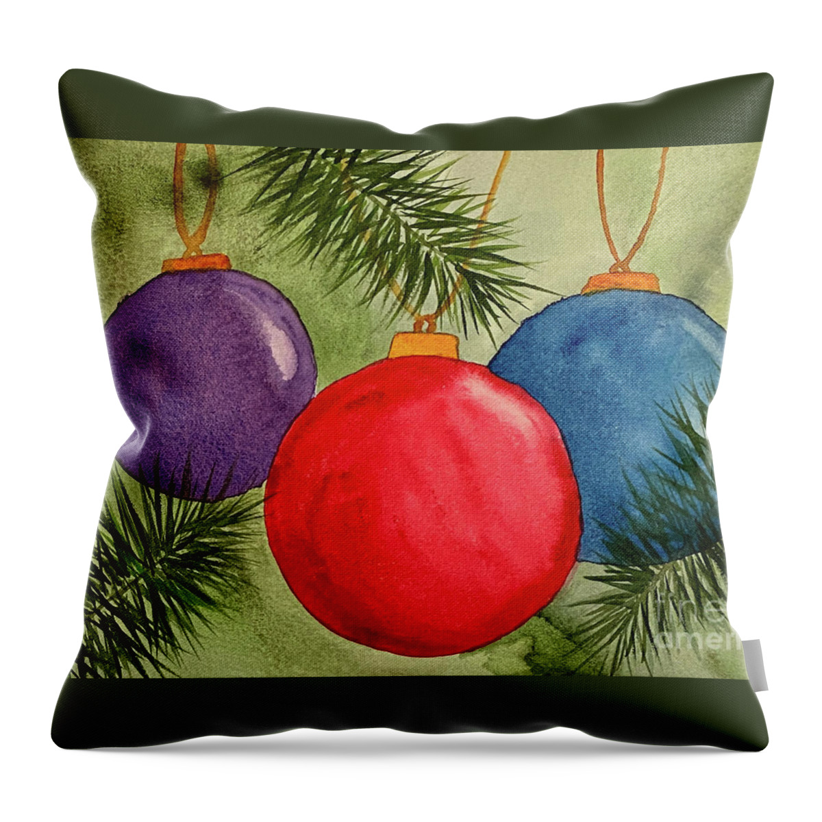 Christmas Throw Pillow featuring the painting Christmas Balls and Pine Branches by Lisa Neuman