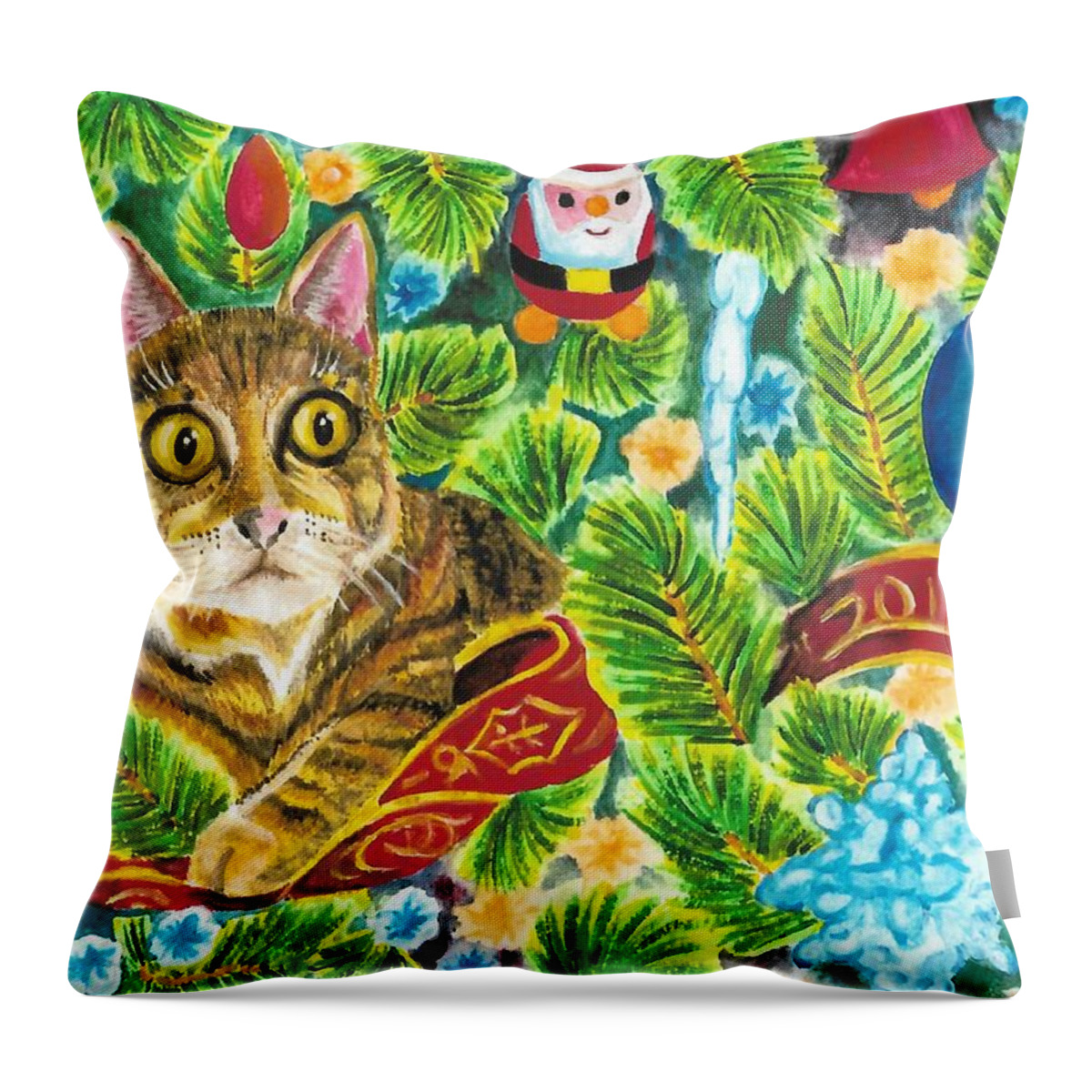 Art Throw Pillow featuring the painting Christmas Cat 2 by The GYPSY