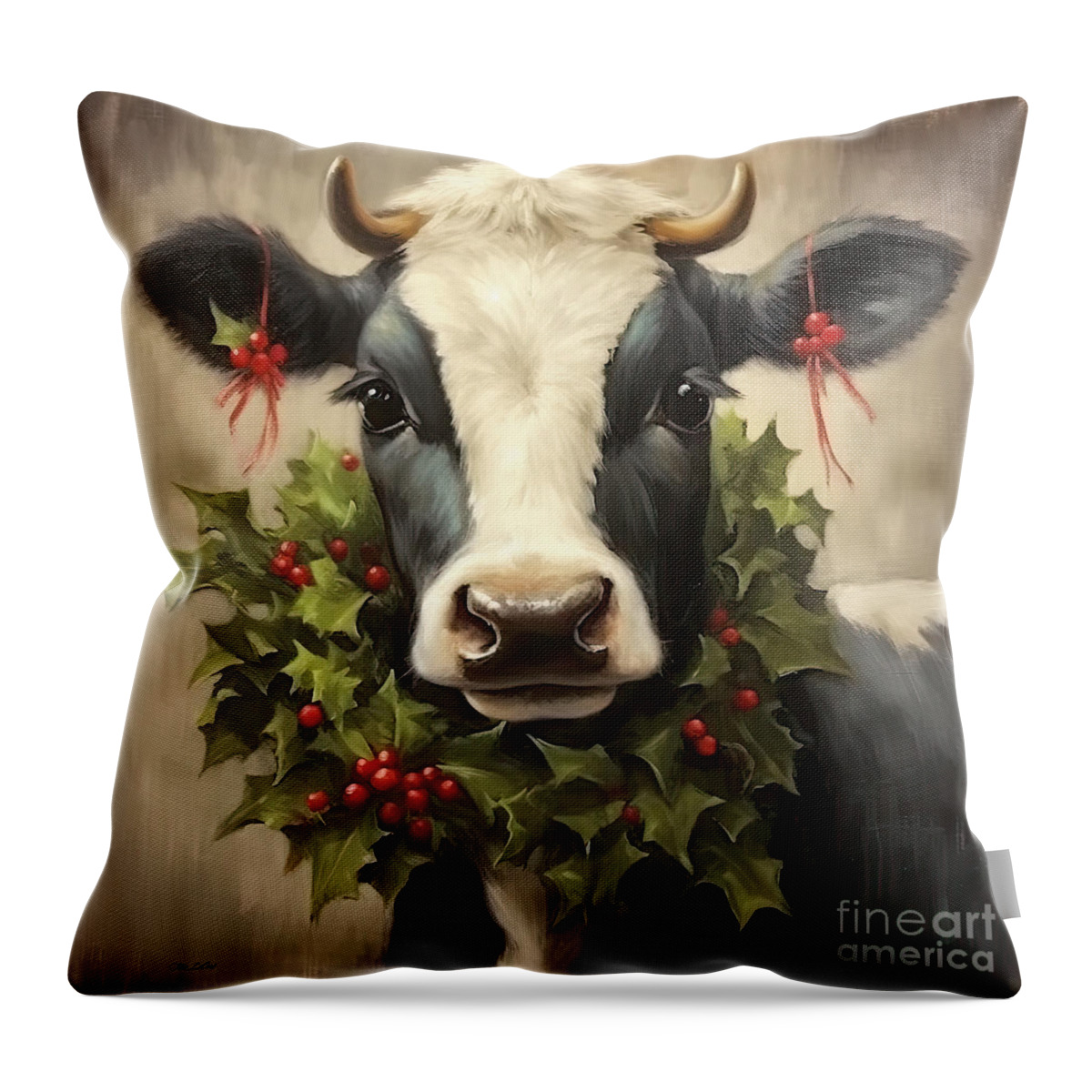 Cow Throw Pillow featuring the painting Christmas Clara by Tina LeCour