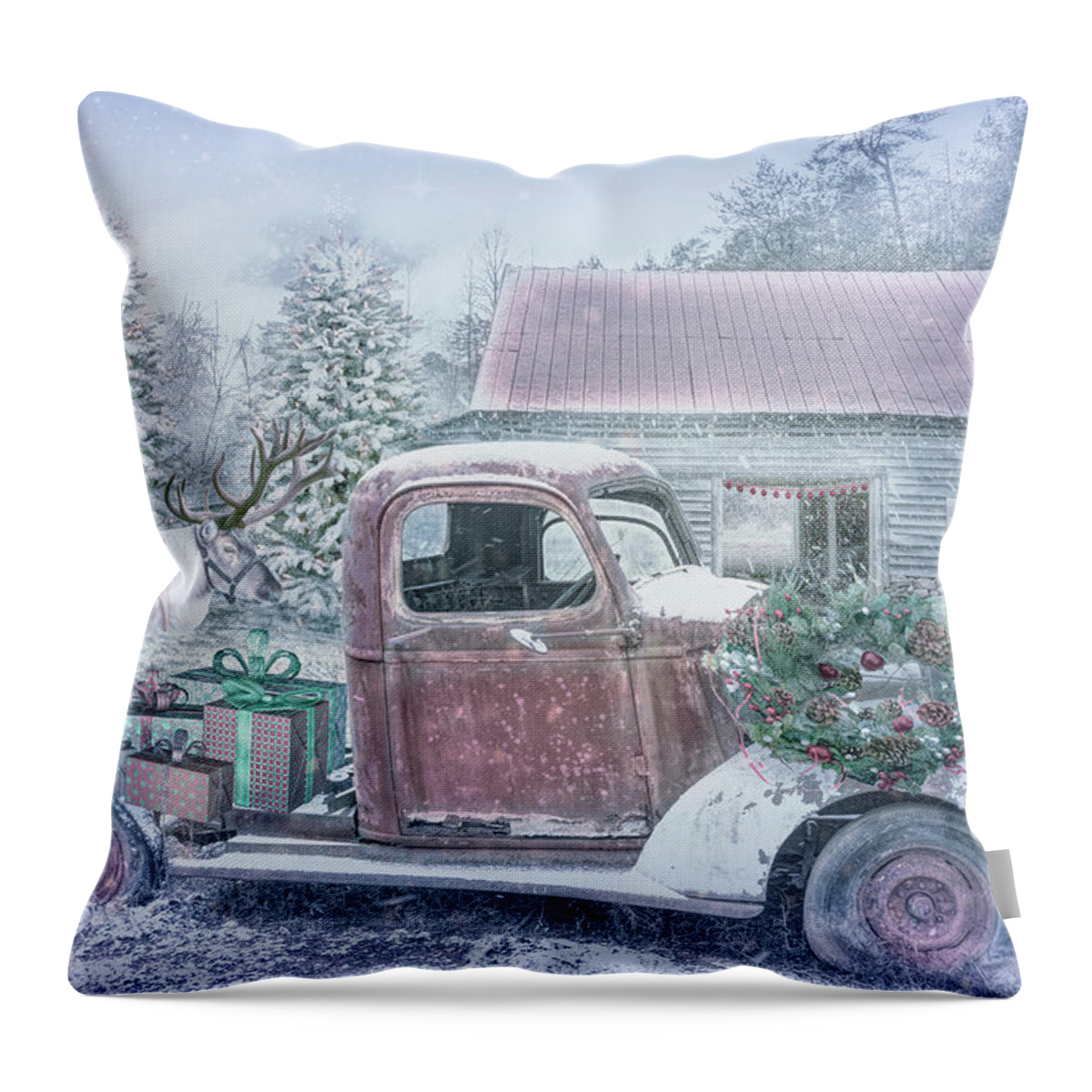 Barns Throw Pillow featuring the photograph Christmas Eve Reindeer in Pale Tones by Debra and Dave Vanderlaan