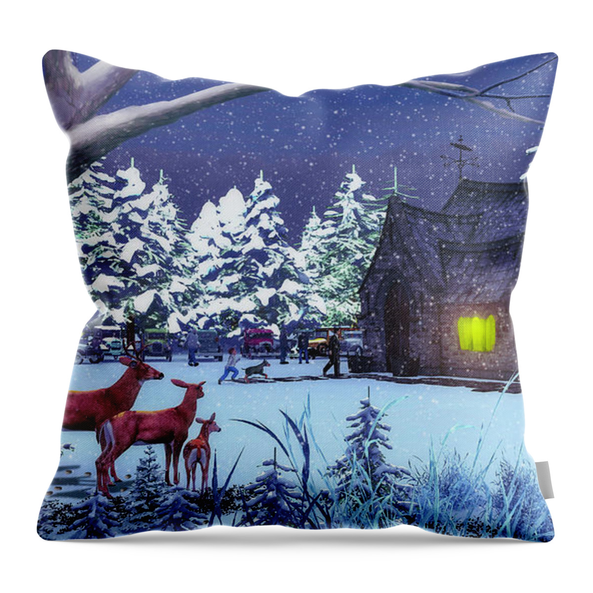 1930s Throw Pillow featuring the digital art Christmas Eve Visitors at the Old Church by Ken Morris