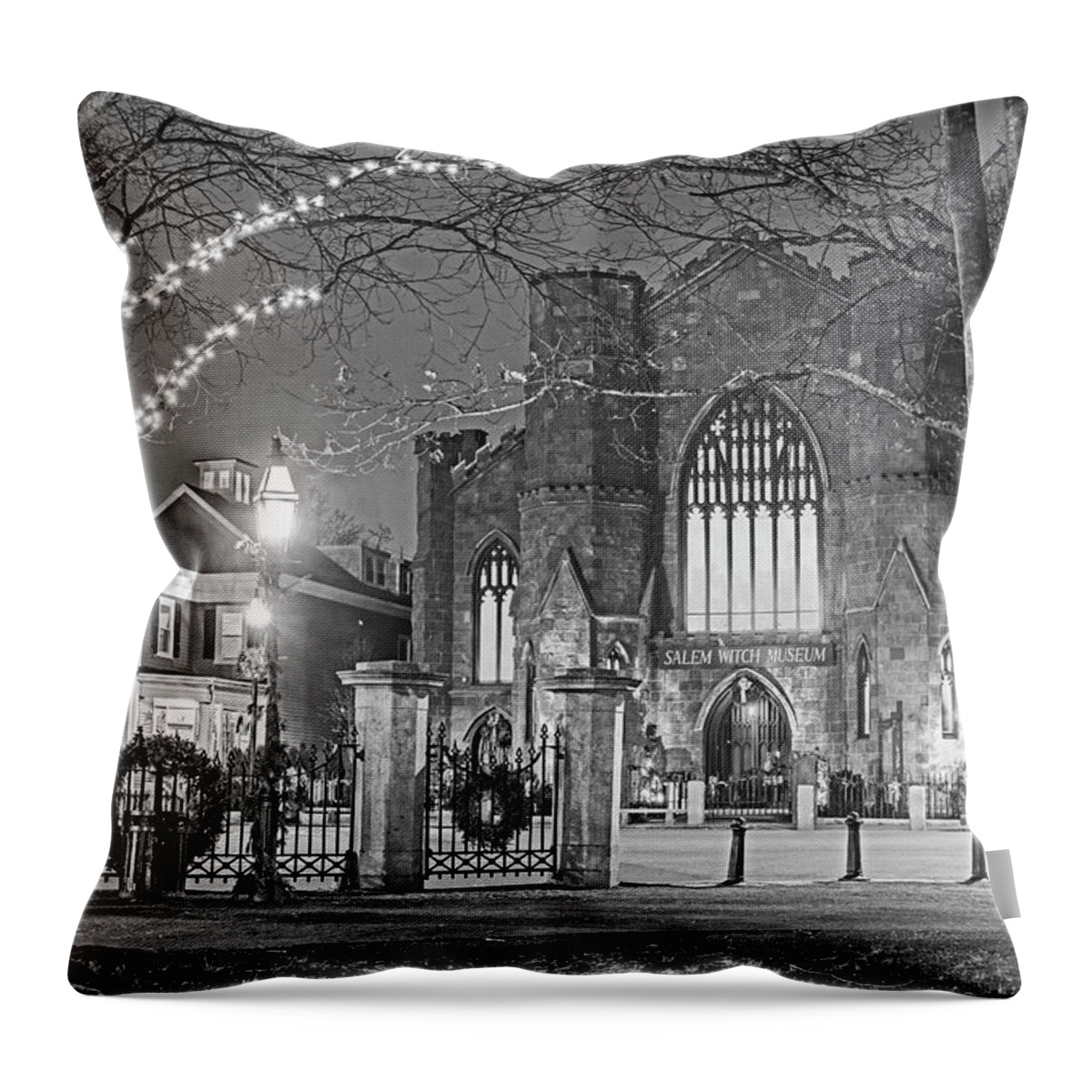 Salem Throw Pillow featuring the photograph Christmas in Salem MA Washington Park Salem Witch Museum Black and White by Toby McGuire
