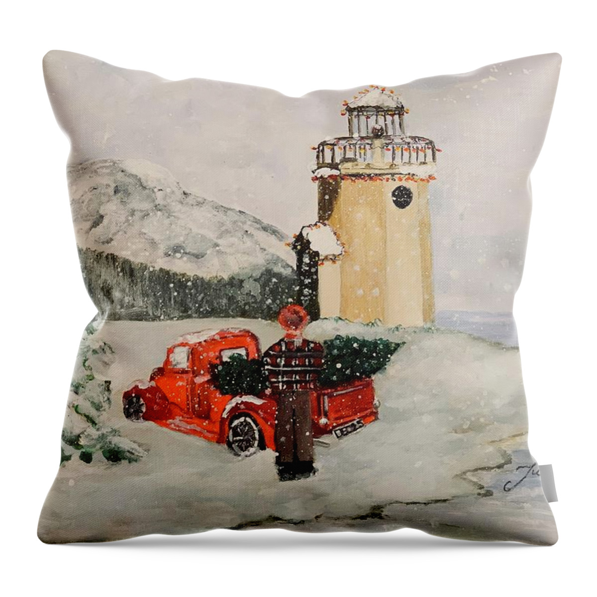 Rainier Throw Pillow featuring the painting Christmas in the Harbor by Juliette Becker