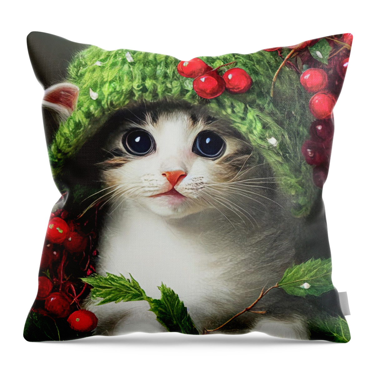 Christmas Throw Pillow featuring the painting Christmas Kitten by Tina LeCour