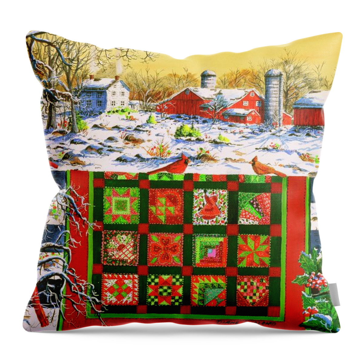 Quilt Throw Pillow featuring the painting Christmas on the Farm by Diane Phalen