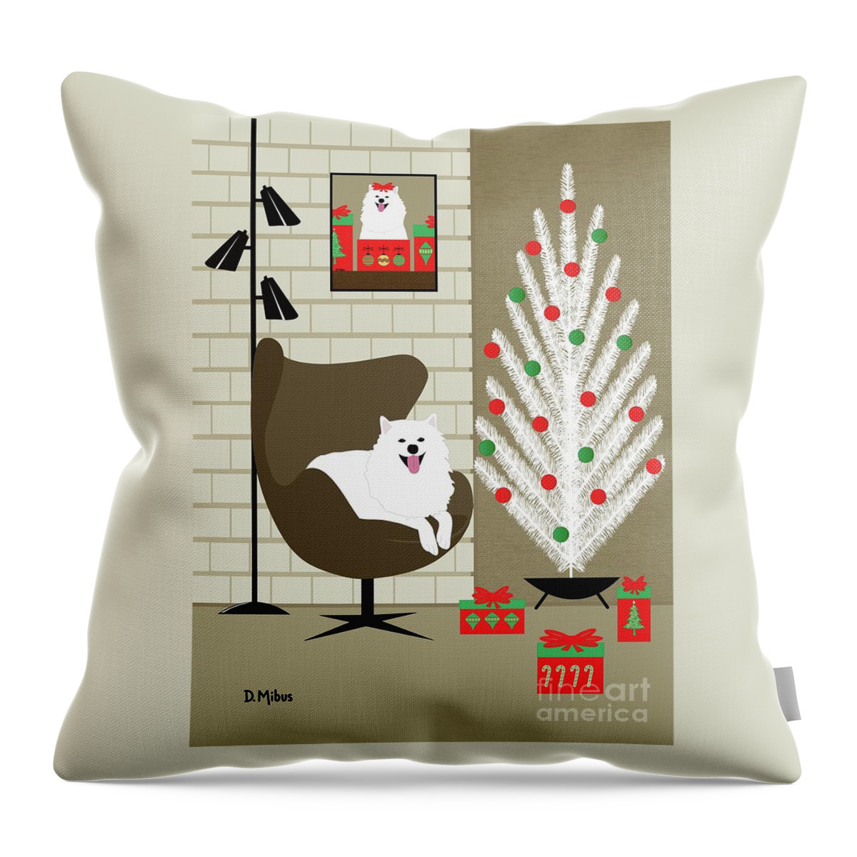 Mid Century Dog Throw Pillow featuring the digital art Christmas Room with Eskimo Dog by Donna Mibus
