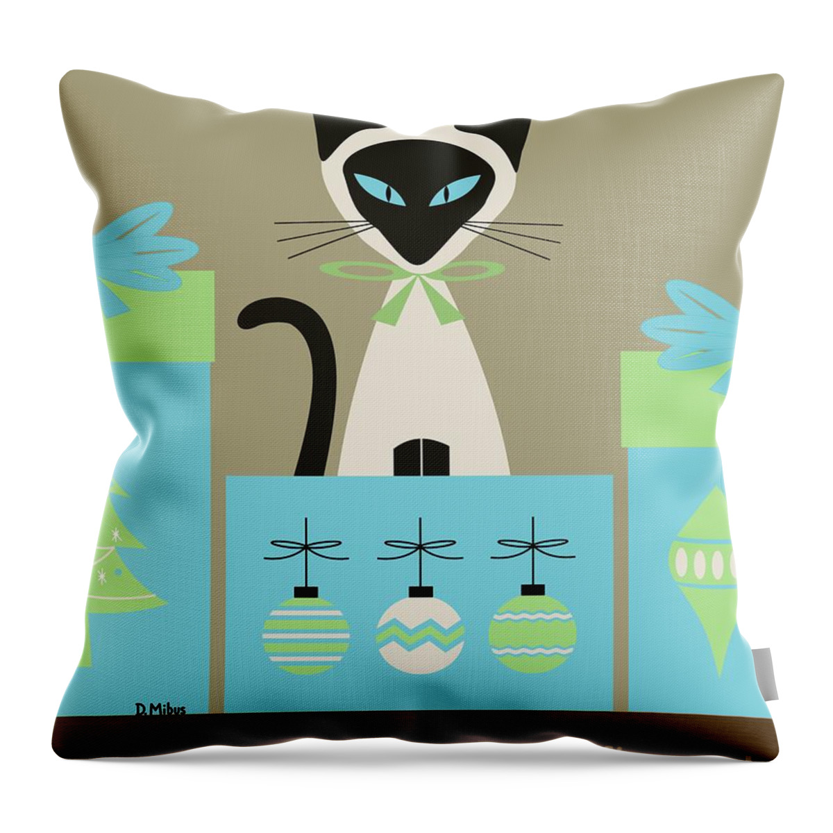 Mid Century Cat Throw Pillow featuring the digital art Christmas Siamese in Box by Donna Mibus