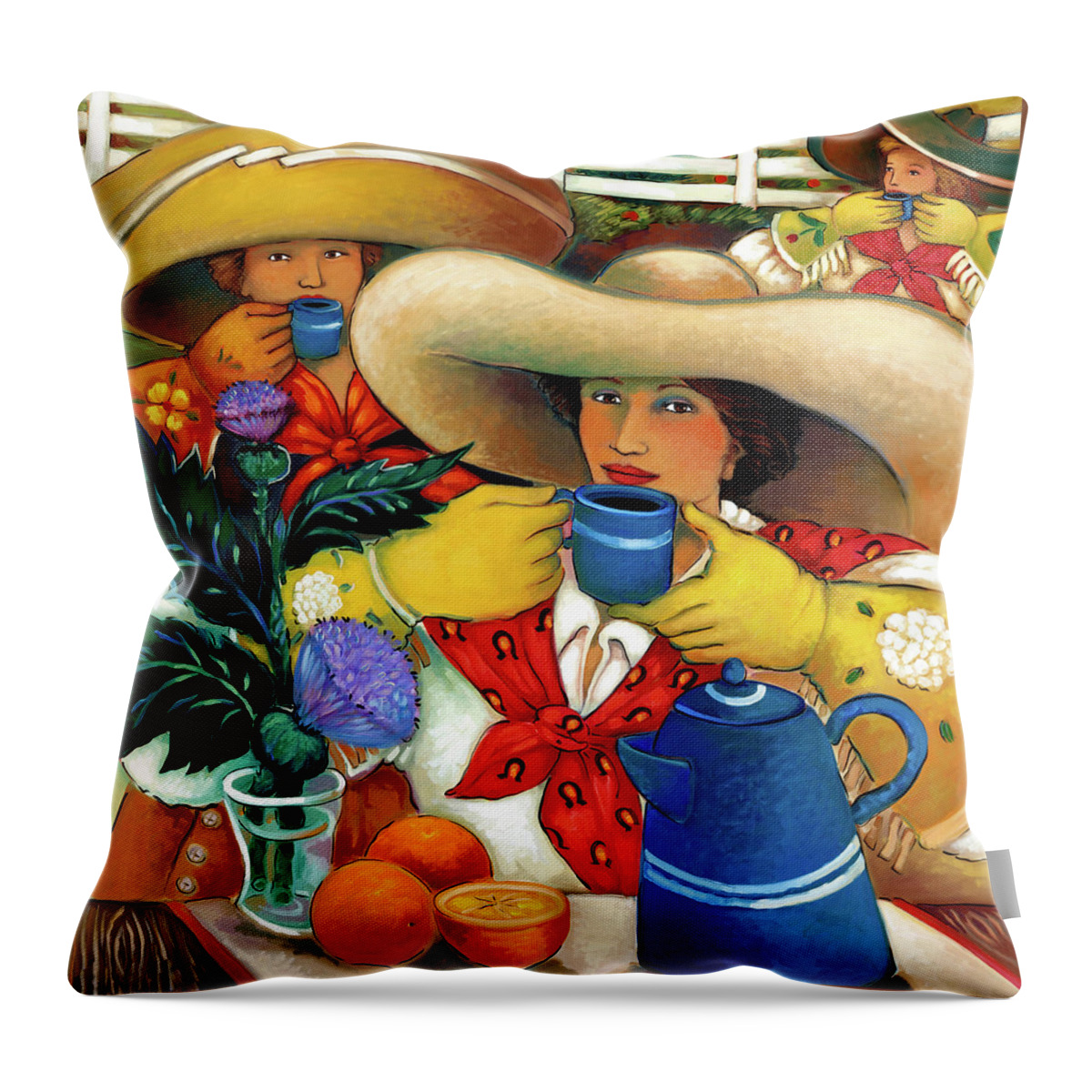 Cowgirl Throw Pillow featuring the painting Chuck Wagon Coffee by Linda Carter Holman