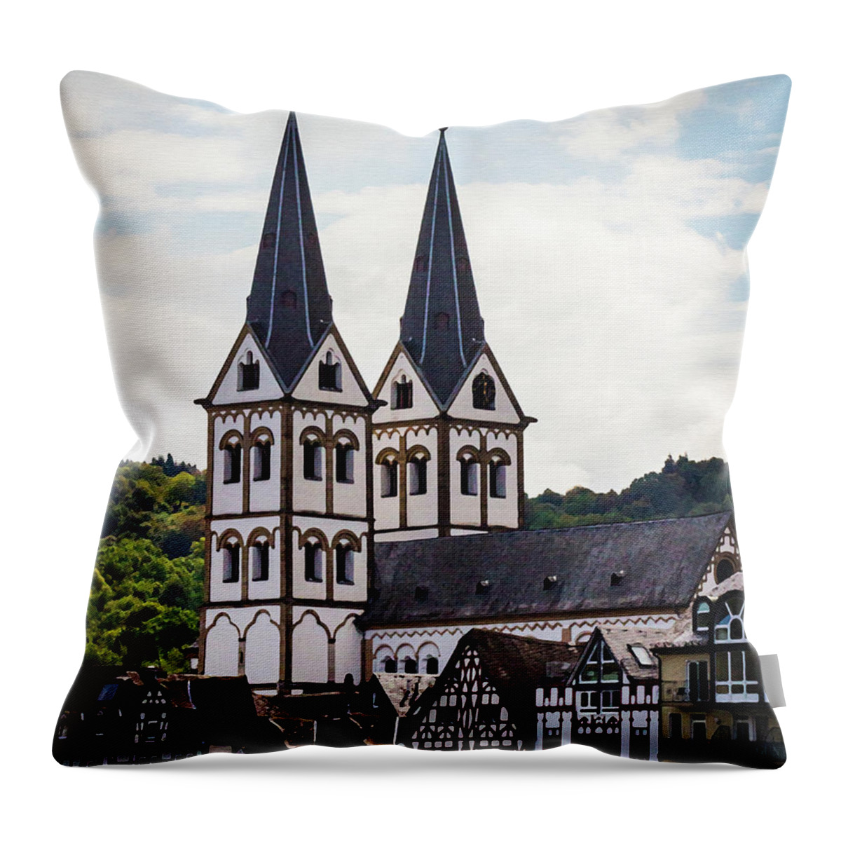 Germany Throw Pillow featuring the digital art Church of St Severus, Boppard Dry Brush on Canvas by Ron Long Ltd Photography
