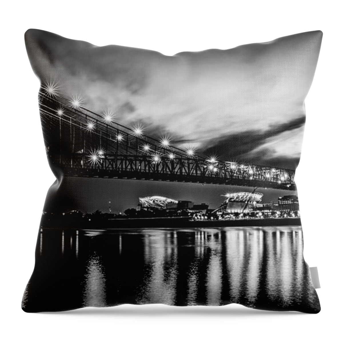 Cincinnati Ohio Throw Pillow featuring the photograph Cincinnati Ohio Roebling Bridge Panorama - Black and White by Gregory Ballos