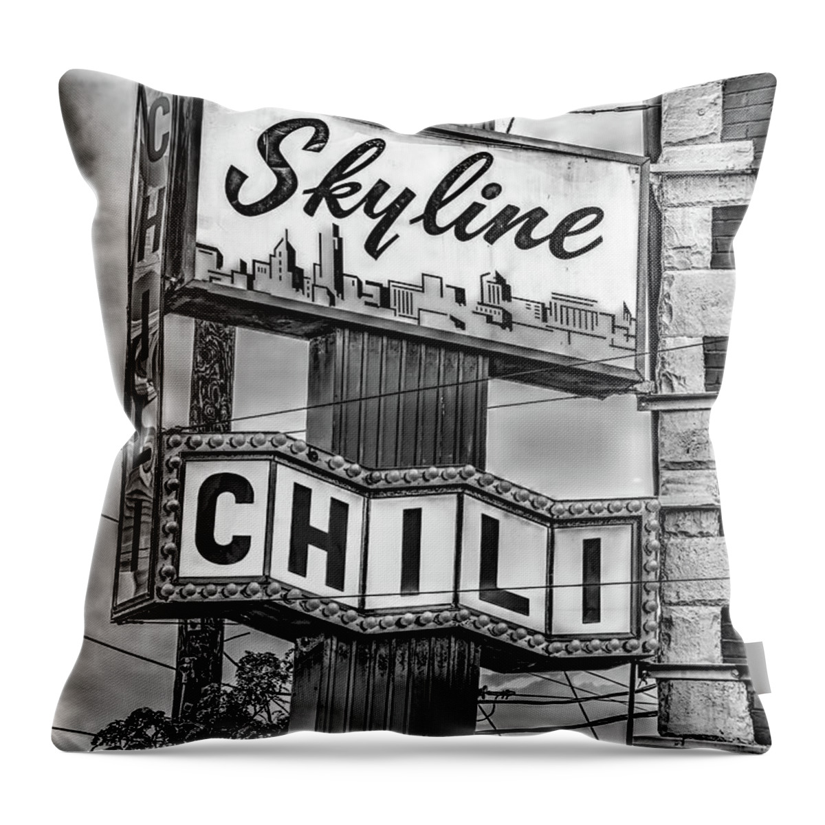 Cincinnati Skyline Throw Pillow featuring the photograph Cincinnati Skyline Chili Sign - Black and White by Gregory Ballos