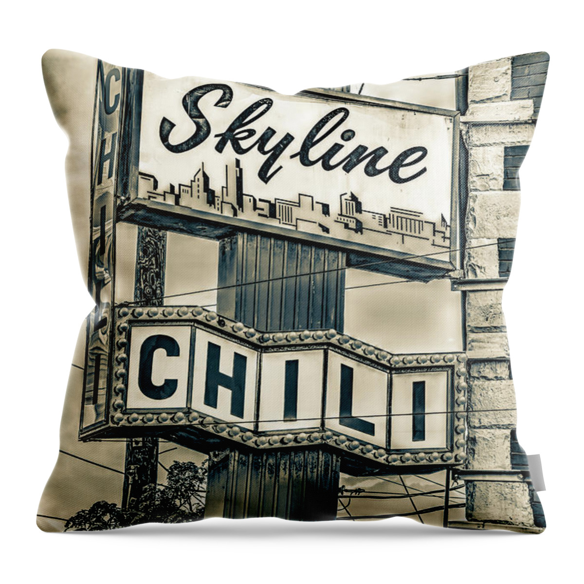 Cincinnati Skyline Throw Pillow featuring the photograph Cincinnati Skyline Chili Sign - Sepia by Gregory Ballos