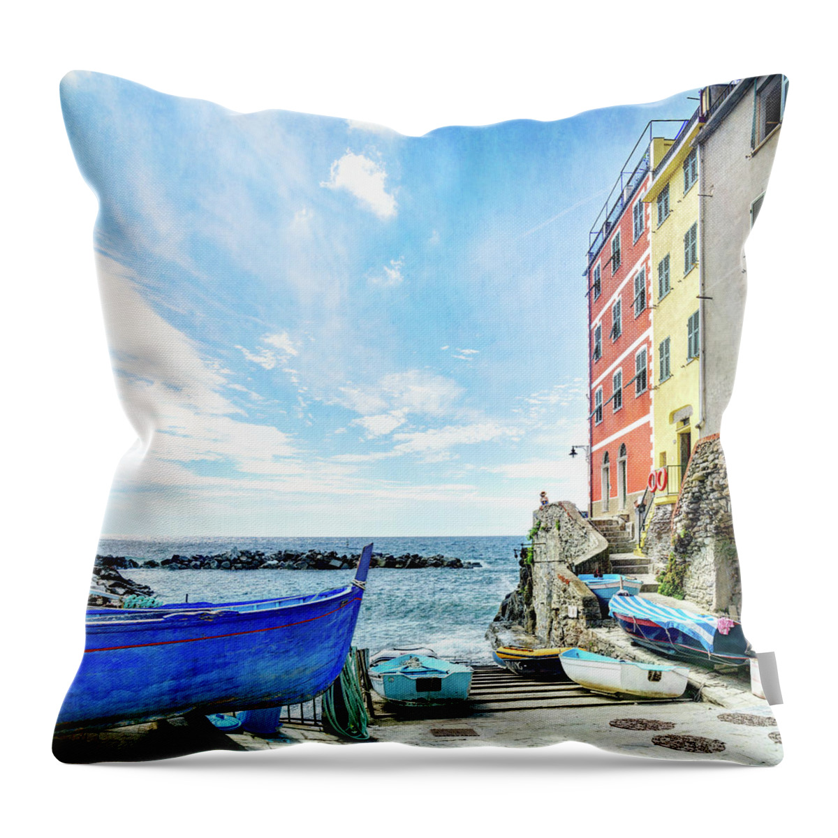 Riomaggiore Throw Pillow featuring the photograph Cinque Terre - little port of Riomaggiore - vintage version by Weston Westmoreland