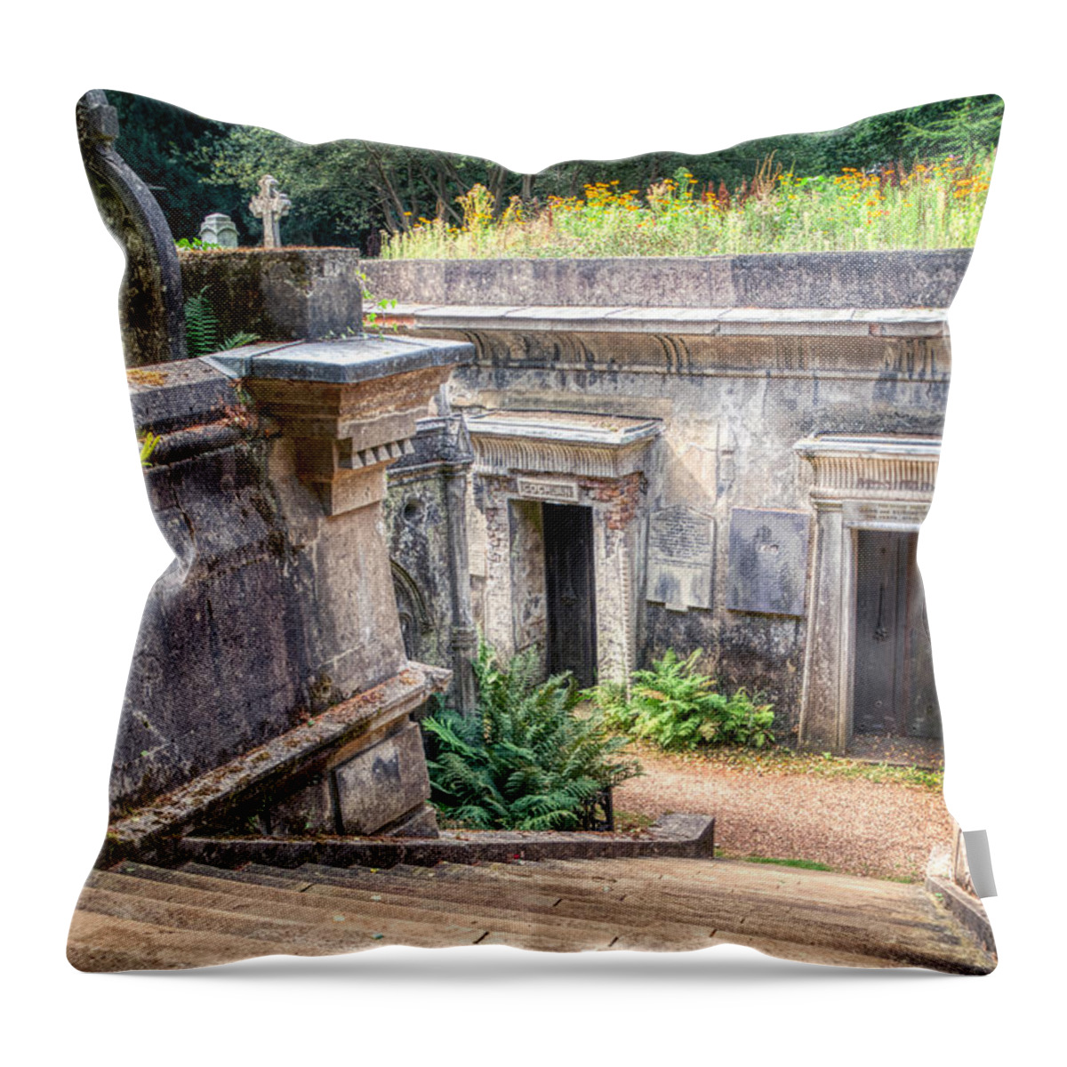 Highgate Cemetery Throw Pillow featuring the photograph Circle Of Lebanon Steps by Raymond Hill