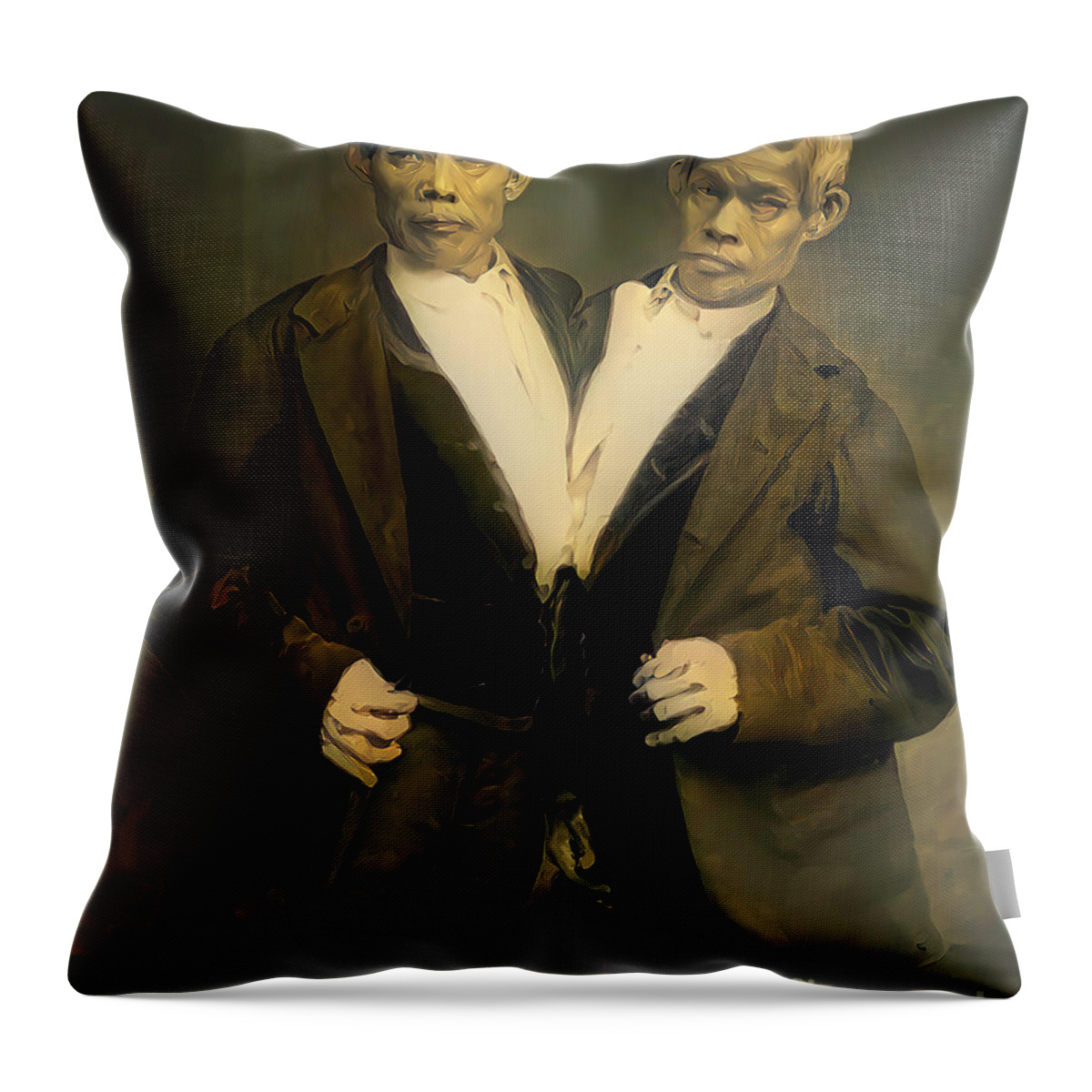Wingsdomain Throw Pillow featuring the photograph Circus Sideshow Chang and Eng Bunker Siamese Twins 20210220 by Wingsdomain Art and Photography
