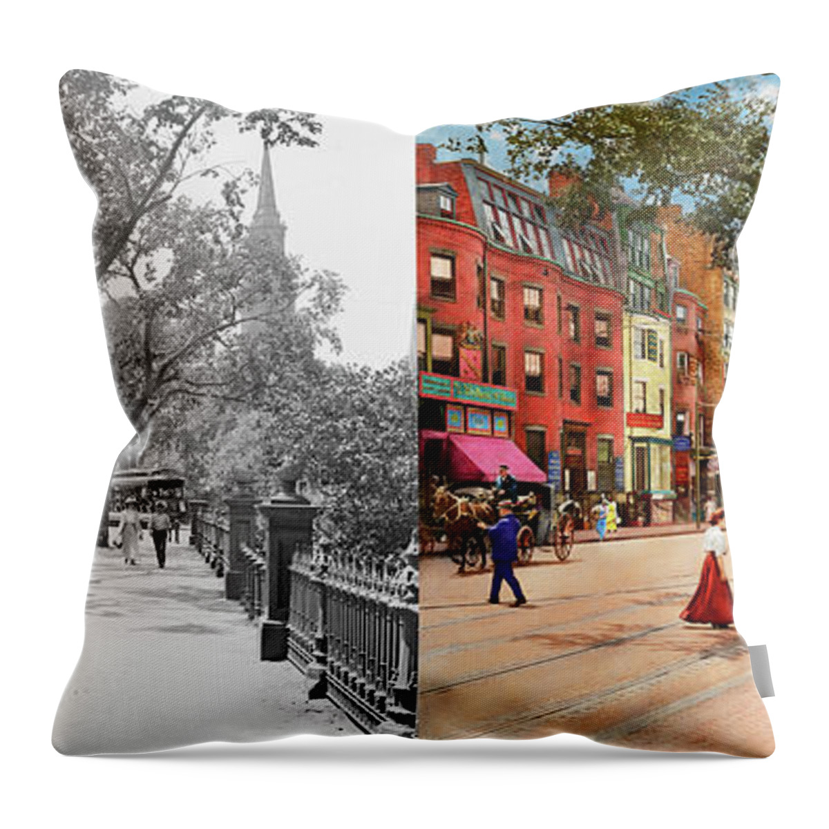 Boston Throw Pillow featuring the photograph City - Boston, MA - Boylston St 1915 - Side by Side by Mike Savad