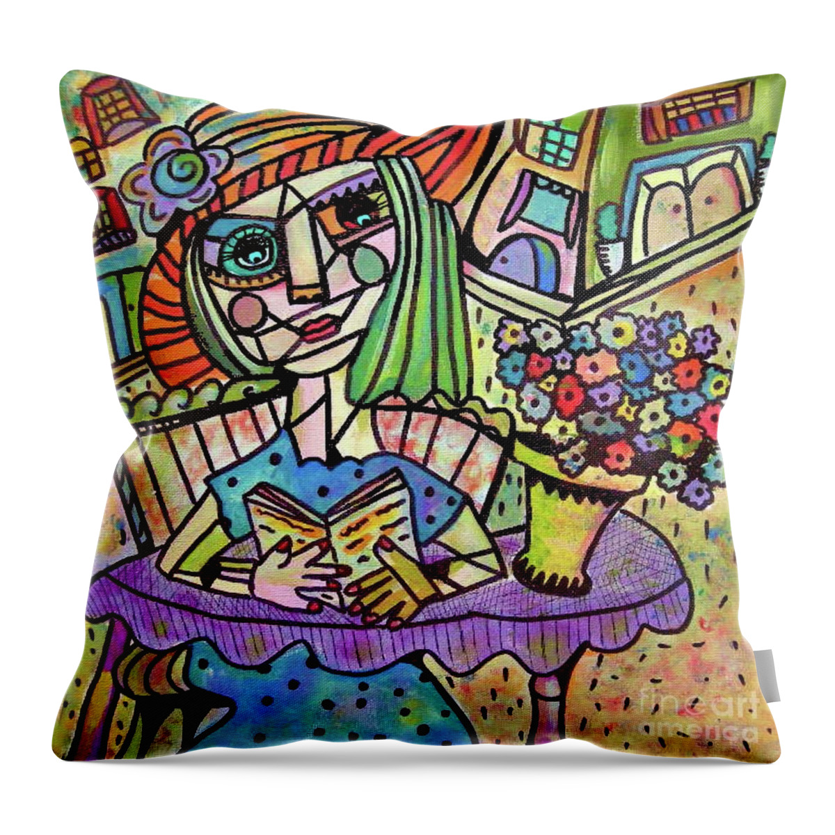 City Throw Pillow featuring the painting Old City Cafe Flowers by Sandra Silberzweig