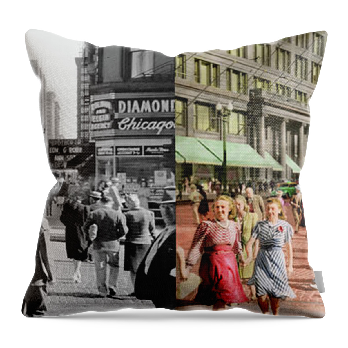 Chicago Throw Pillow featuring the photograph City - Chicago - Shopping Crowds 1940 - Side by Side by Mike Savad