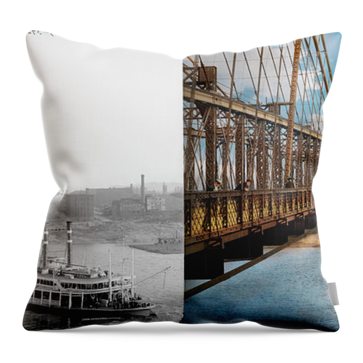 Ohio Throw Pillow featuring the photograph City - Cincinnati, OH - The City of Cincinnati 1906 - Side by Side by Mike Savad