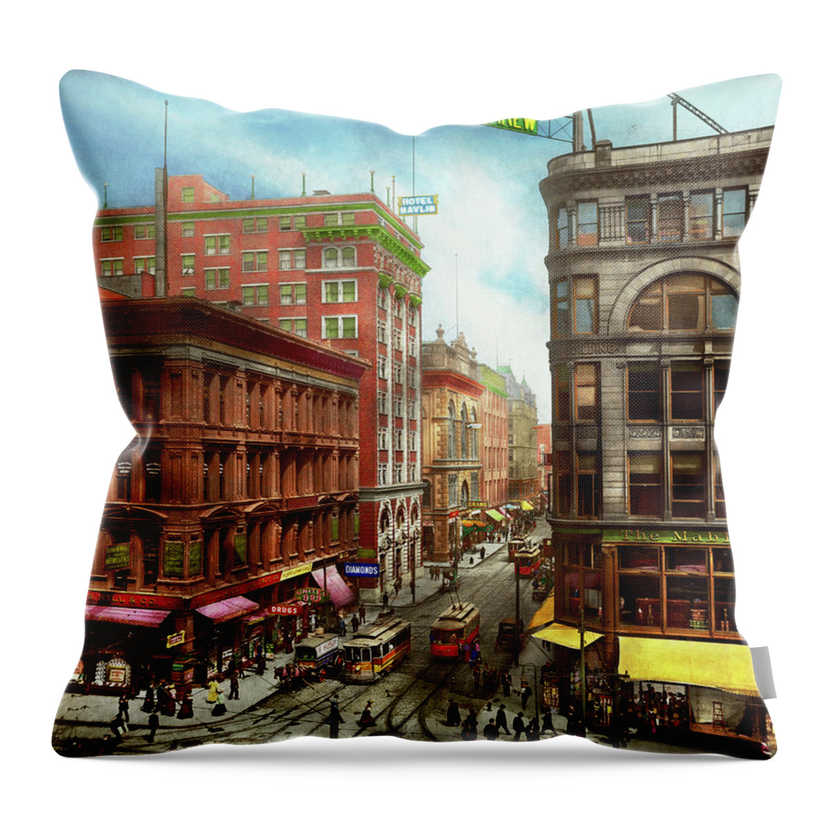 Cincinnati Throw Pillow featuring the photograph City - Cincinnati, OH - The heart of the city 1907 by Mike Savad