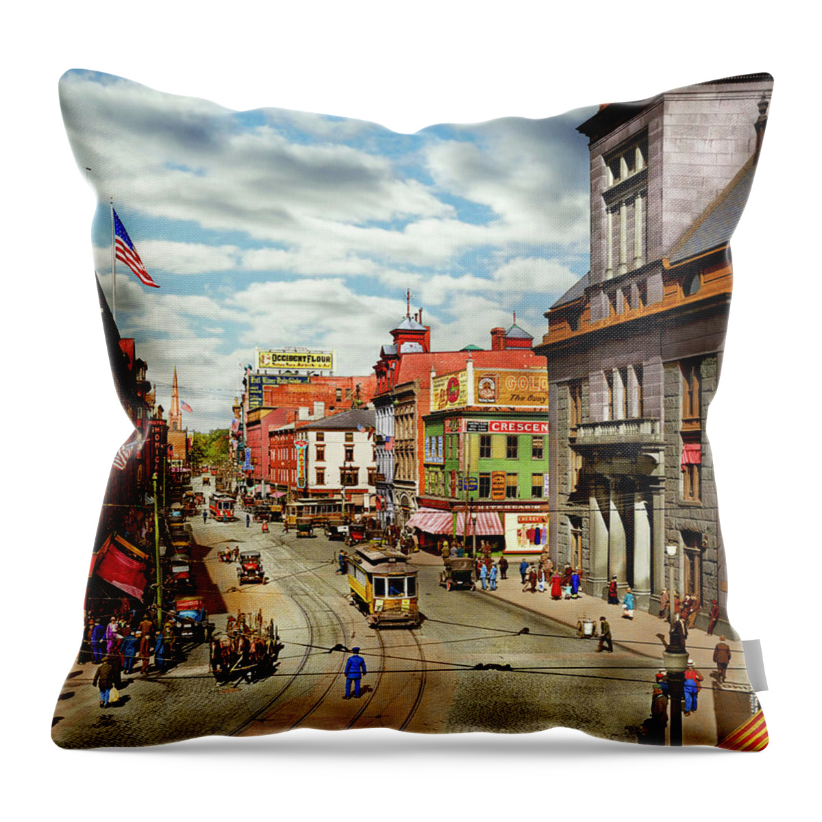 Fall River Throw Pillow featuring the photograph City - Fall River, MA - The City Hall on Main Street 1913 by Mike Savad