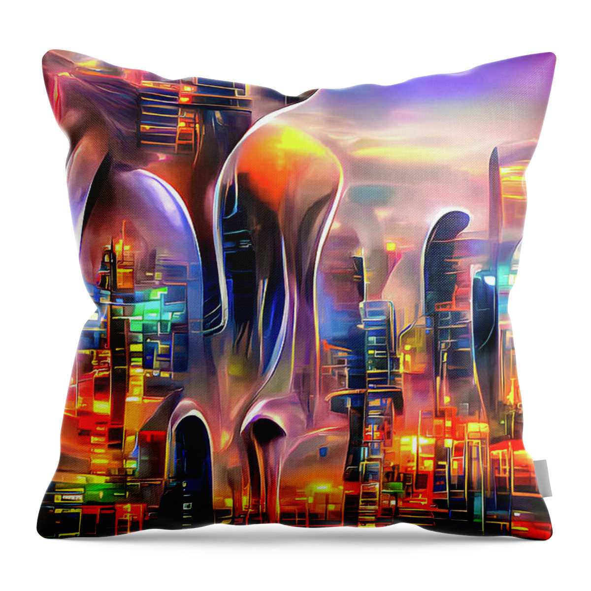 City Throw Pillow featuring the digital art City Lights 28 Futuristic Alien Metropolis by Matthias Hauser