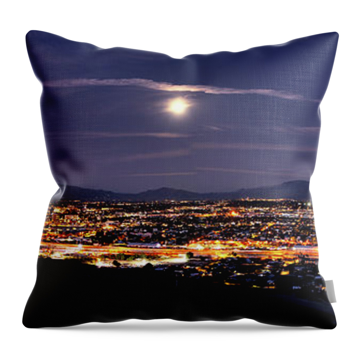 Tucson Throw Pillow featuring the photograph City lights of Tucson, Arizona skyline and moon panorama by Chance Kafka