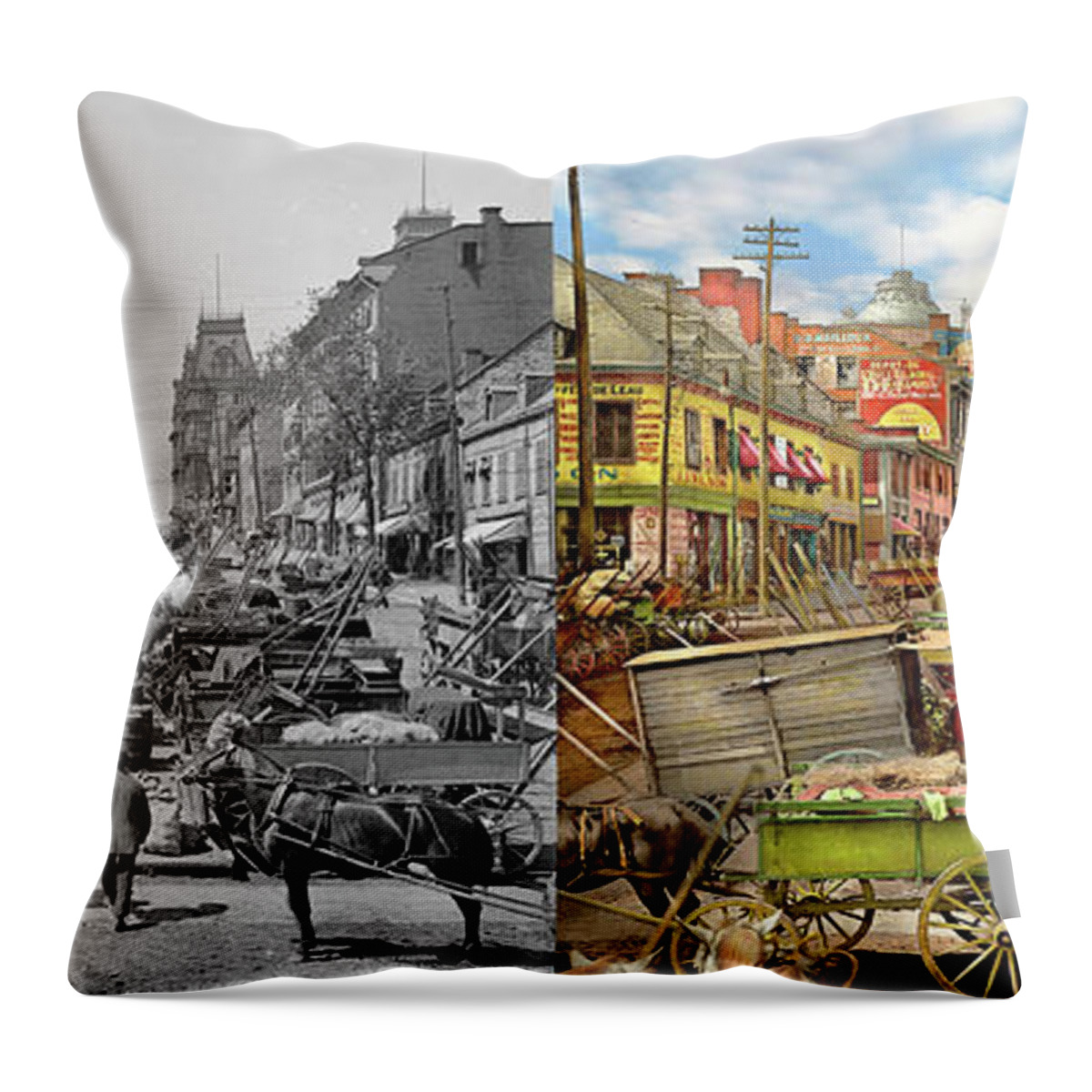 Jacques Cartier Square Throw Pillow featuring the photograph City - Montreal, CA - Jacques Cartier Square 1900 - Side by Side by Mike Savad
