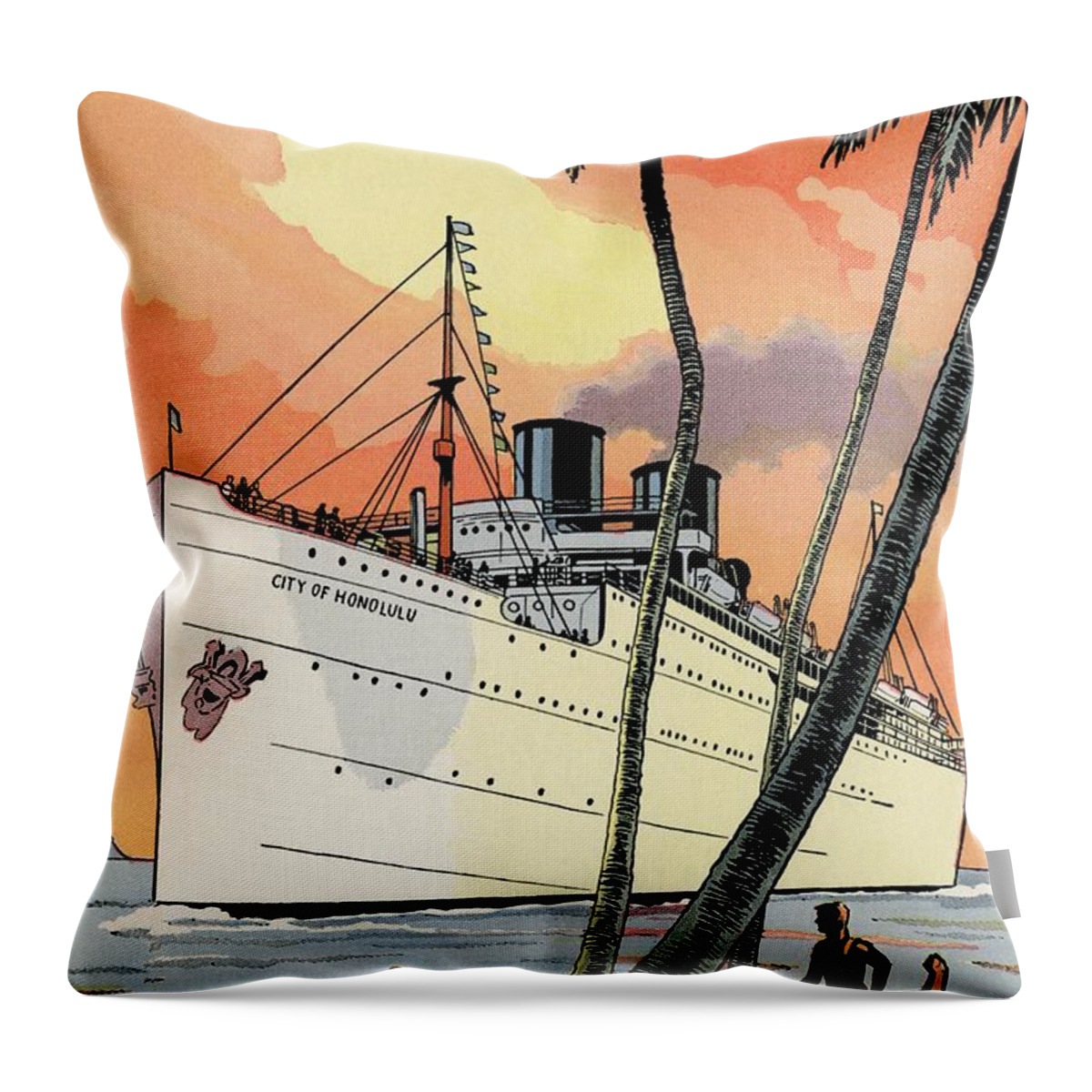 Hawaii Throw Pillow featuring the drawing City of Honolulu by Vintage Posters