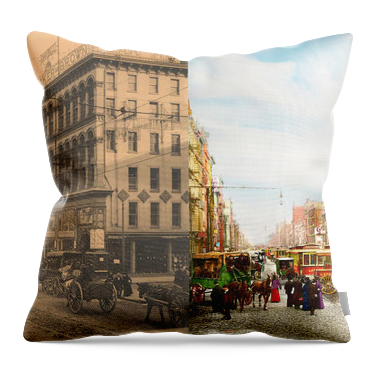 Philly Throw Pillow featuring the photograph City - Philadelphia, PA - Sixth and Market St 1902 - Side by Side by Mike Savad