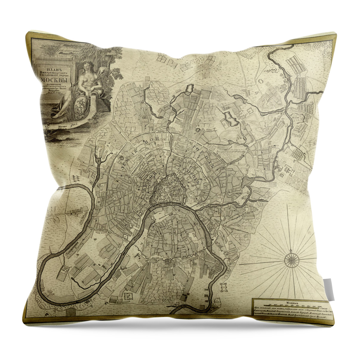 Maps Throw Pillow featuring the drawing City Plan Moscow Russia 1745 by Vintage Maps