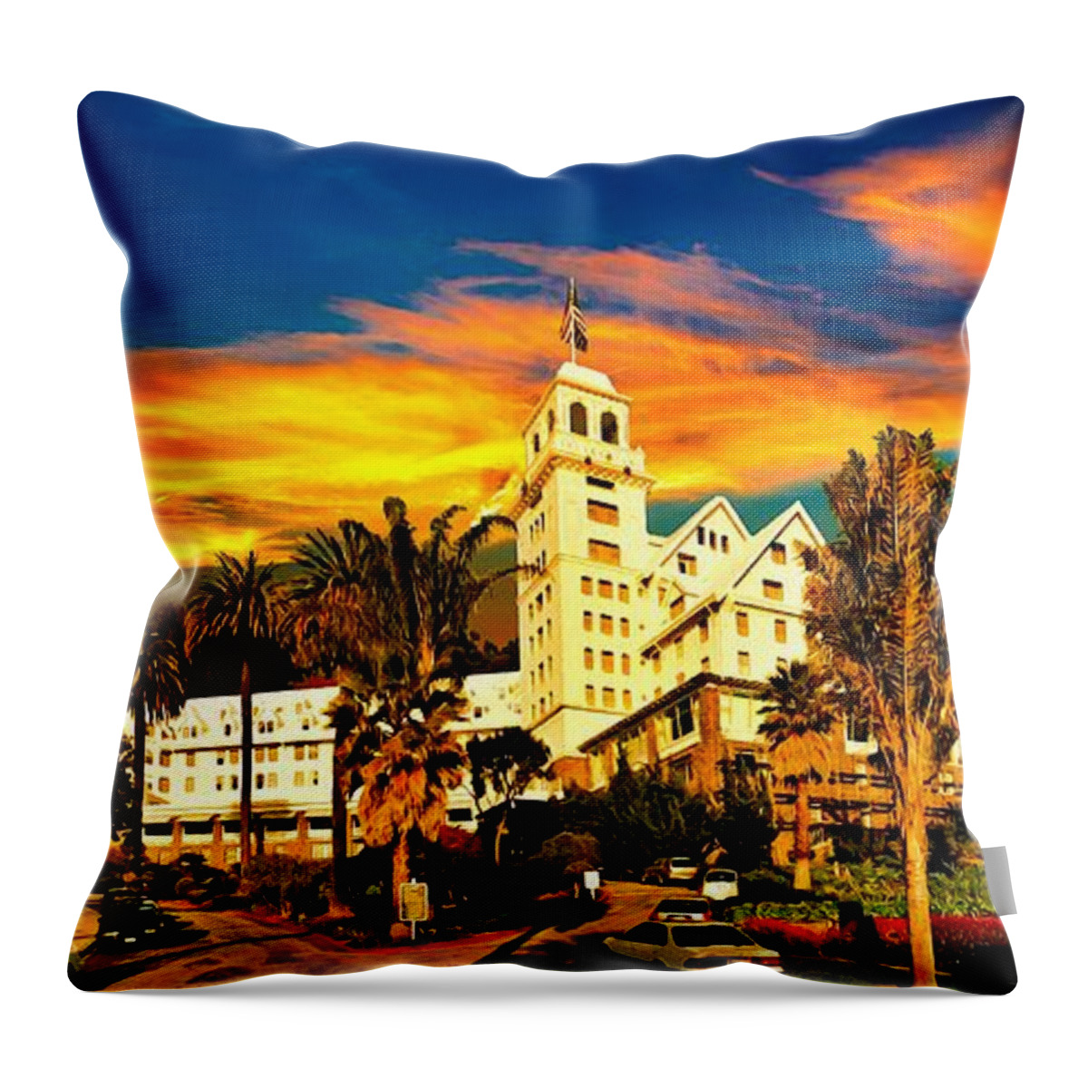 Claremont Hotel Throw Pillow featuring the digital art Claremont Hotel and Spa, a Fairmont Hotel, in Berkeley, California, in sunset light by Nicko Prints