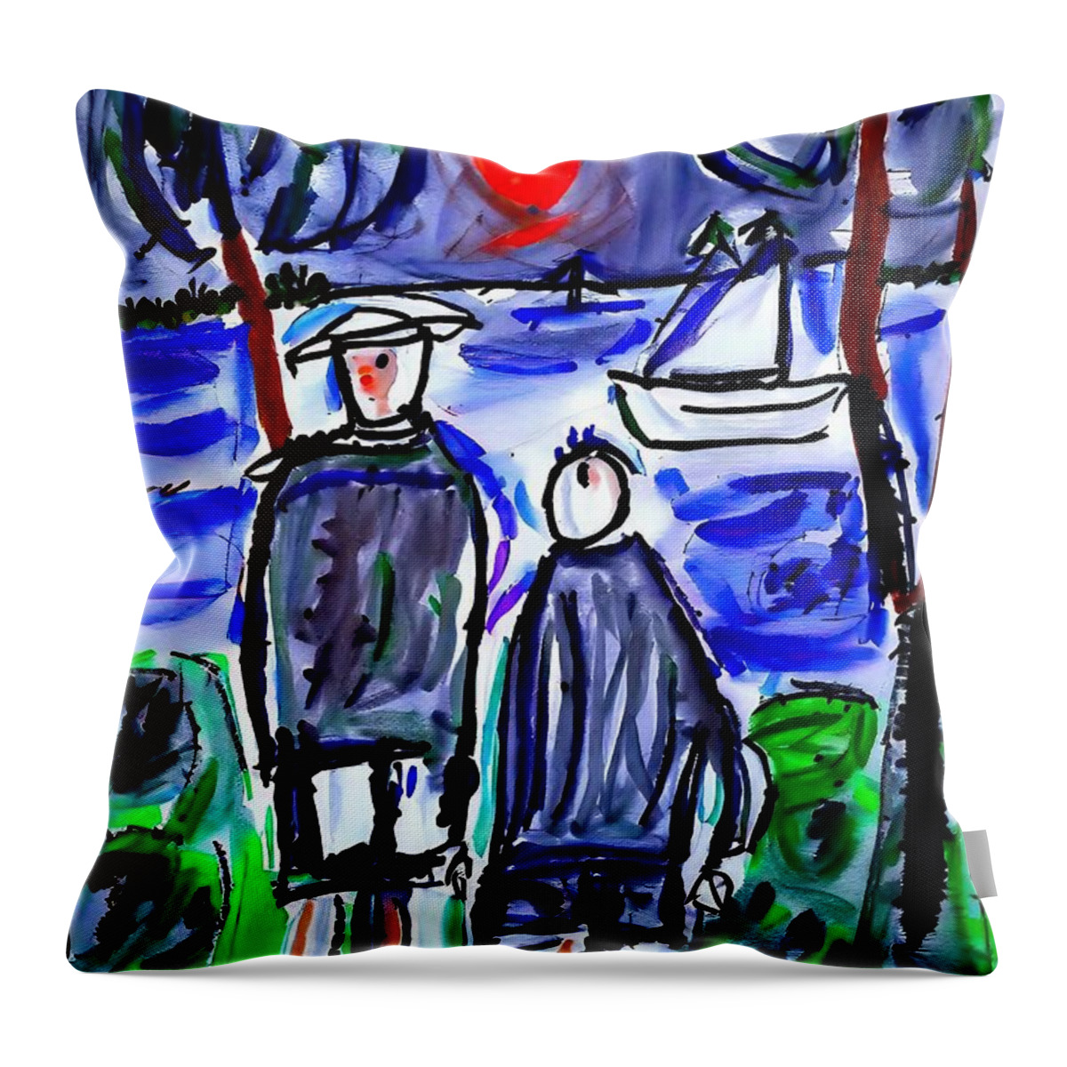 Clash Throw Pillow featuring the painting Clash Painting clash man woman landscape sea boat art bewilderment blue cemetery depression doubt expressionism funeral go green grief let loneliness oil pain painting poultry red by N Akkash