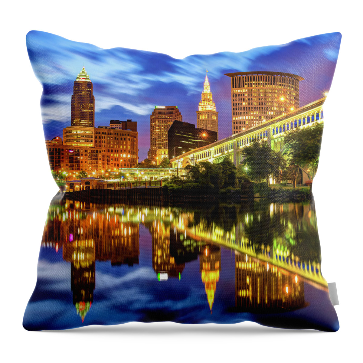 Cleveland Skyline Throw Pillow featuring the photograph Cleveland Ohio City Reflections at Dawn by Gregory Ballos