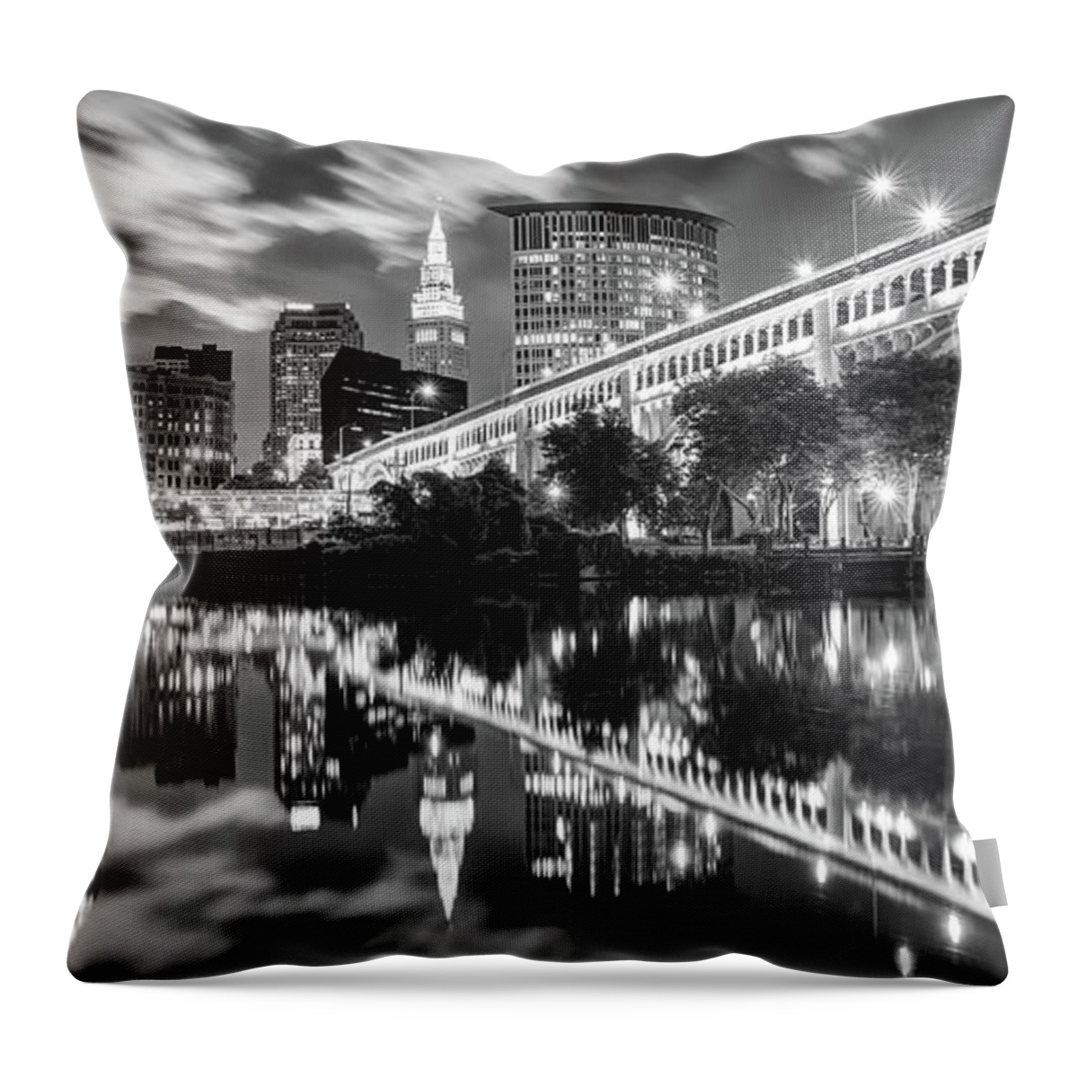 Cleveland Skyline Throw Pillow featuring the photograph Cleveland Skyline Panorama Along the Cuyahoga River Waterfront - Black and White by Gregory Ballos