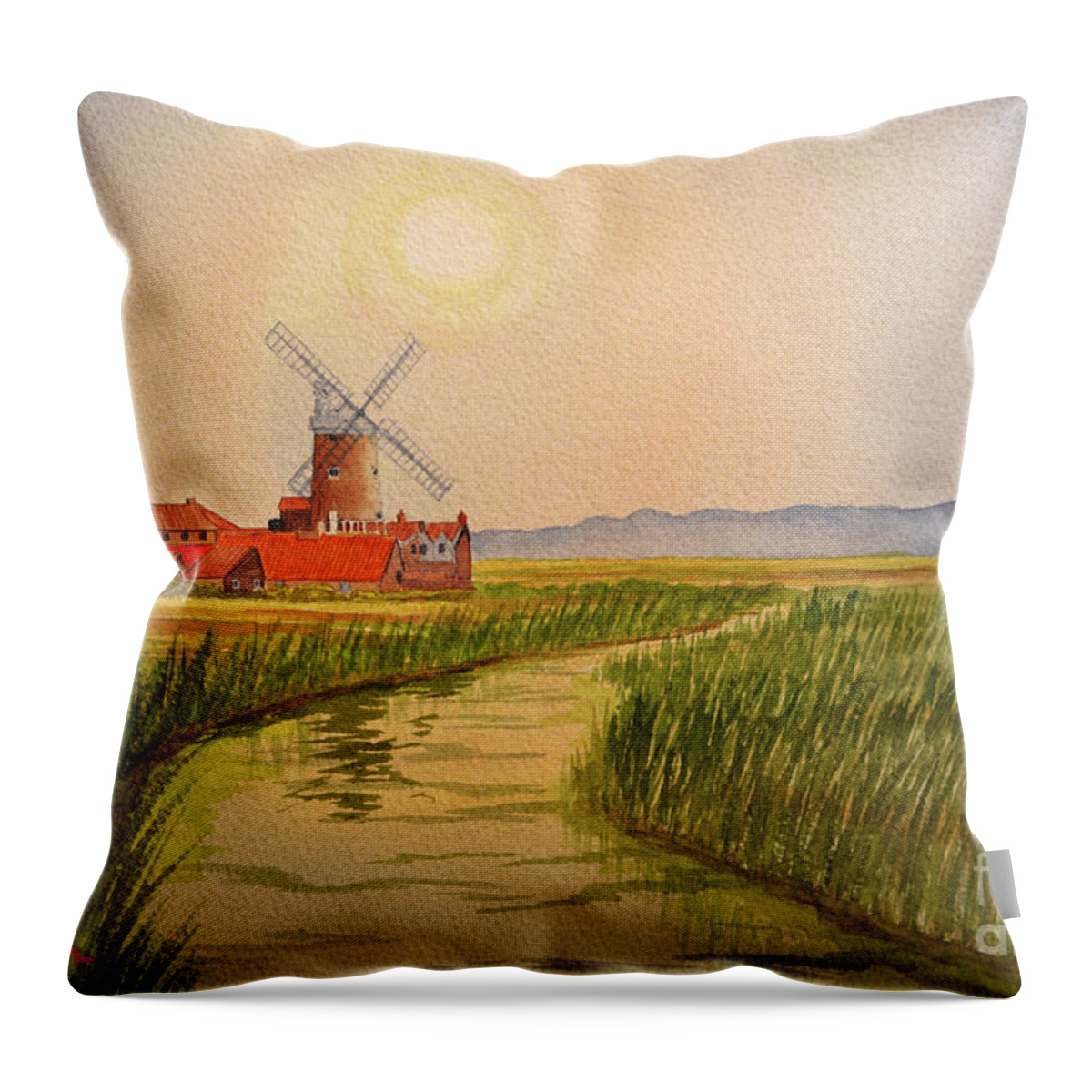 Cley Windmill Norfolk Throw Pillow featuring the painting Cley Windmill And Marshes Norfolk England by Bill Holkham