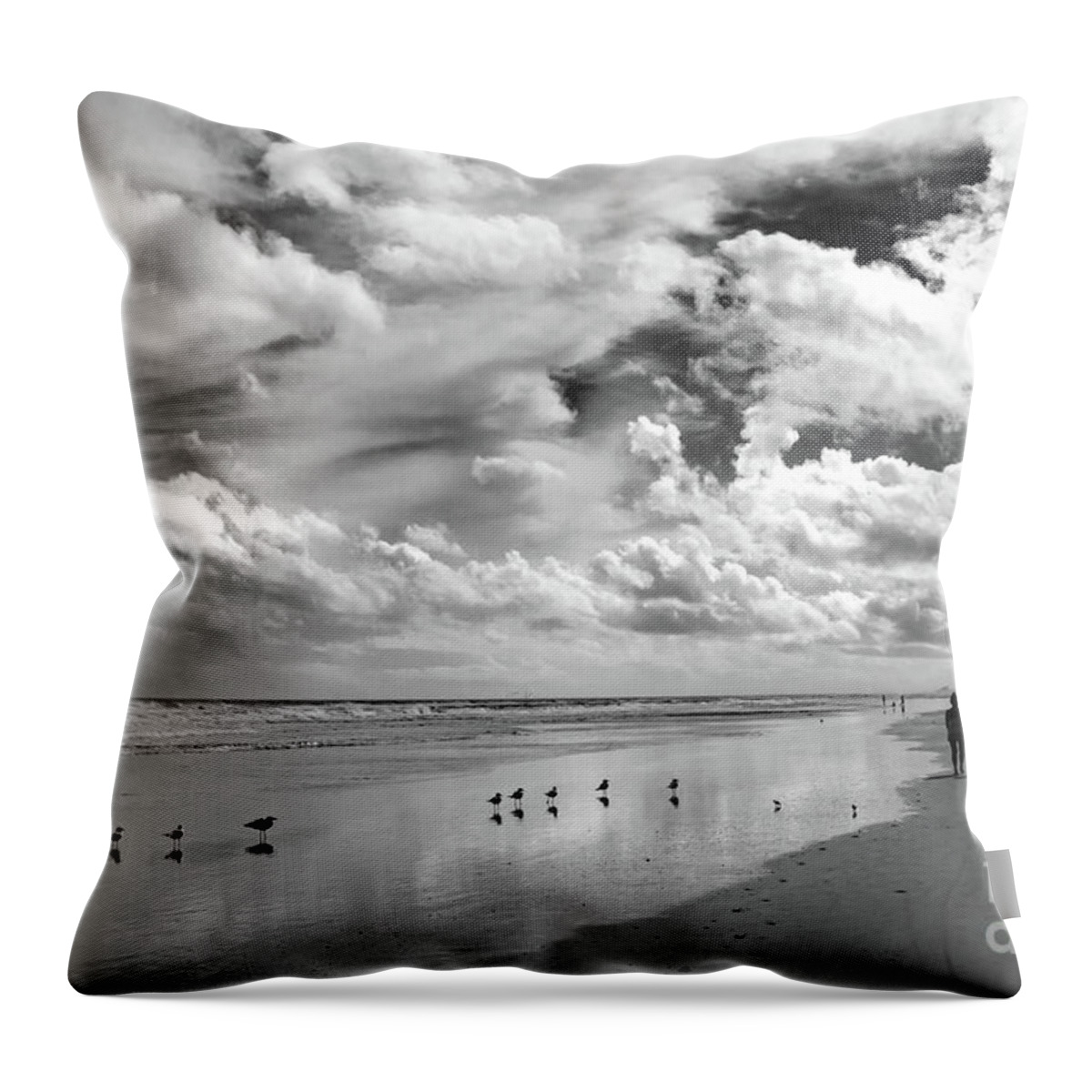 B&w Throw Pillow featuring the photograph Clouds at the Beach in Black and White by Neala McCarten