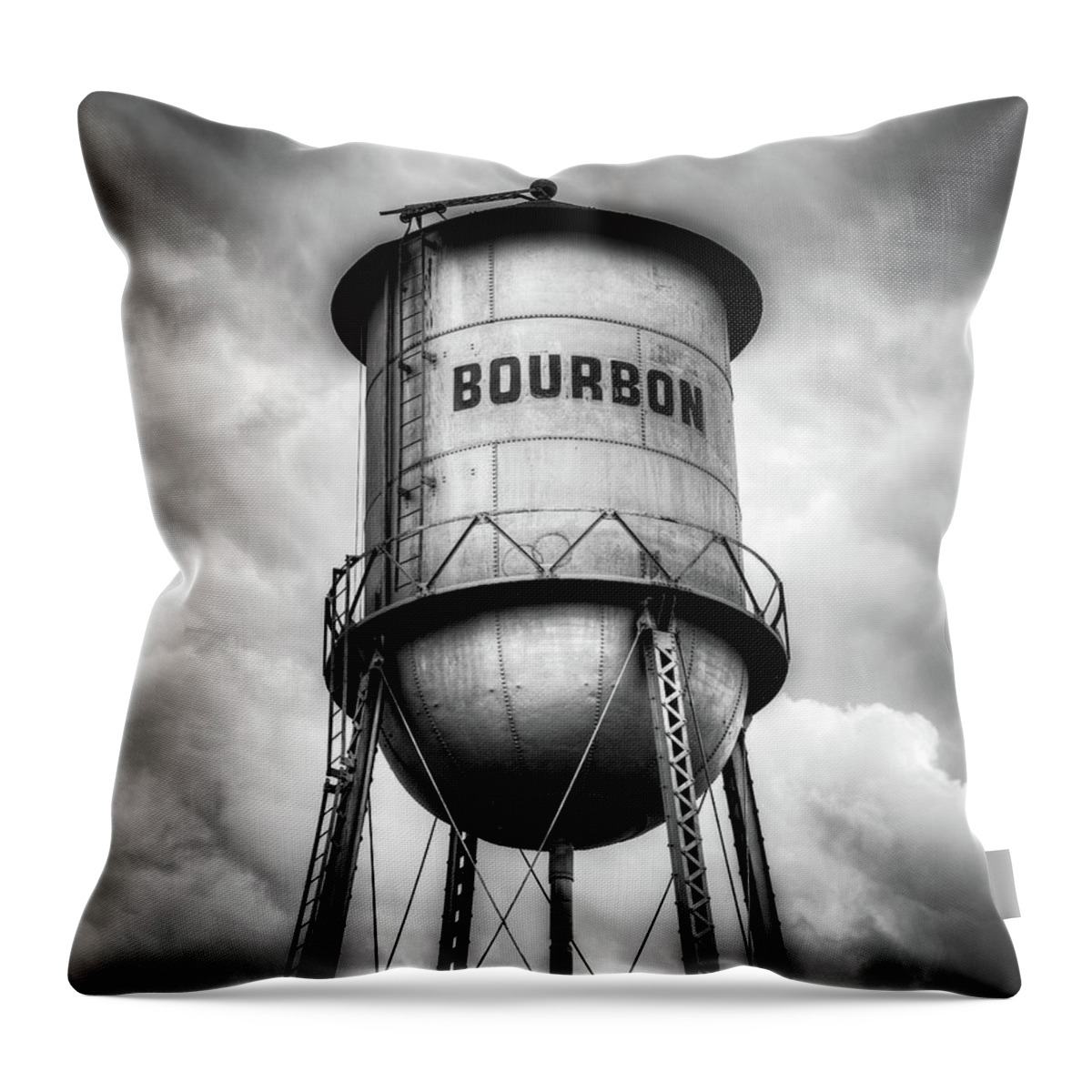 Bourbon Prints Throw Pillow featuring the photograph Cloudy Bourbon Tower in Black and White by Gregory Ballos