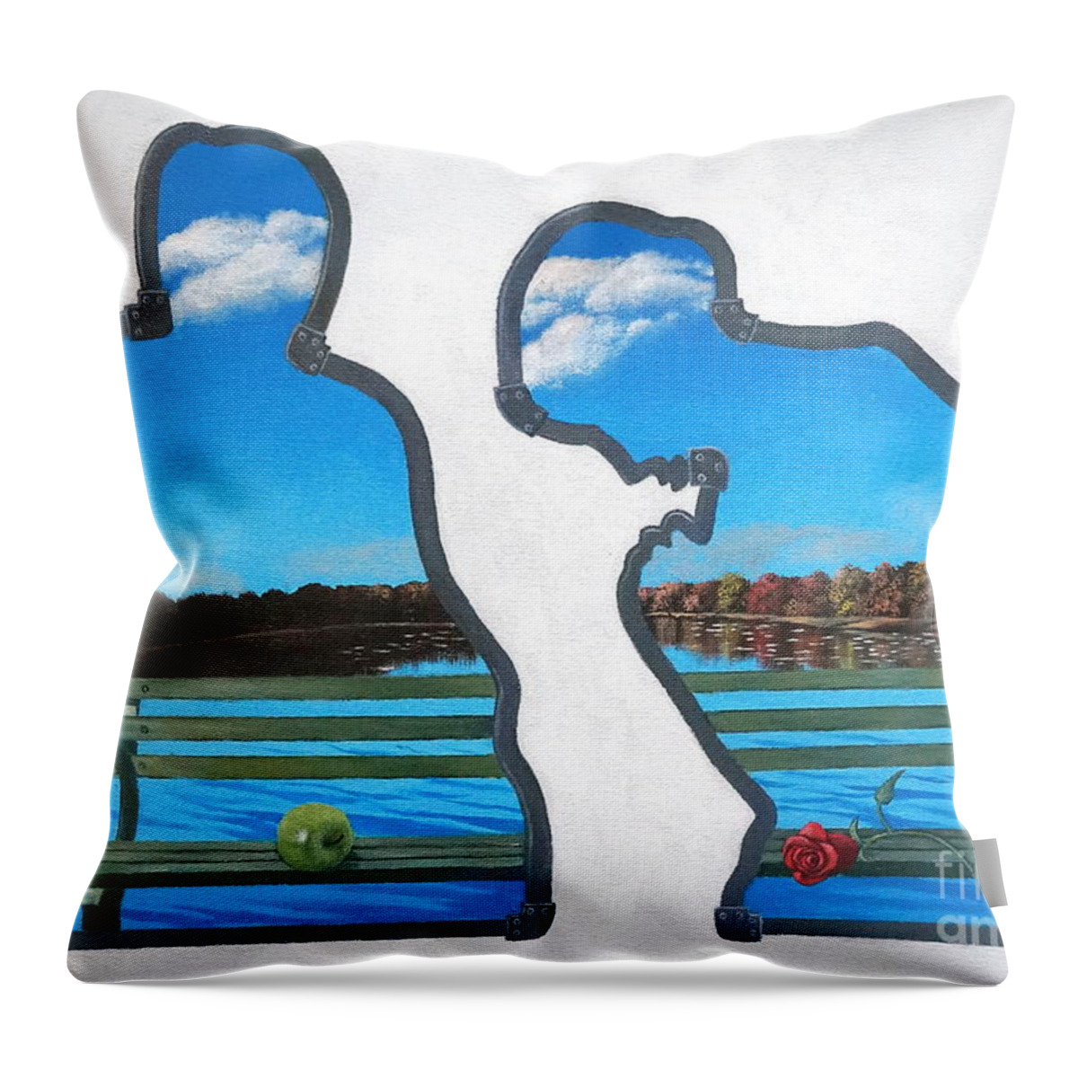 Cloudy Heads Throw Pillow featuring the painting Cloudy Heads an interpretation of Millet and Dali at Strawberry Fields by Christopher Shellhammer