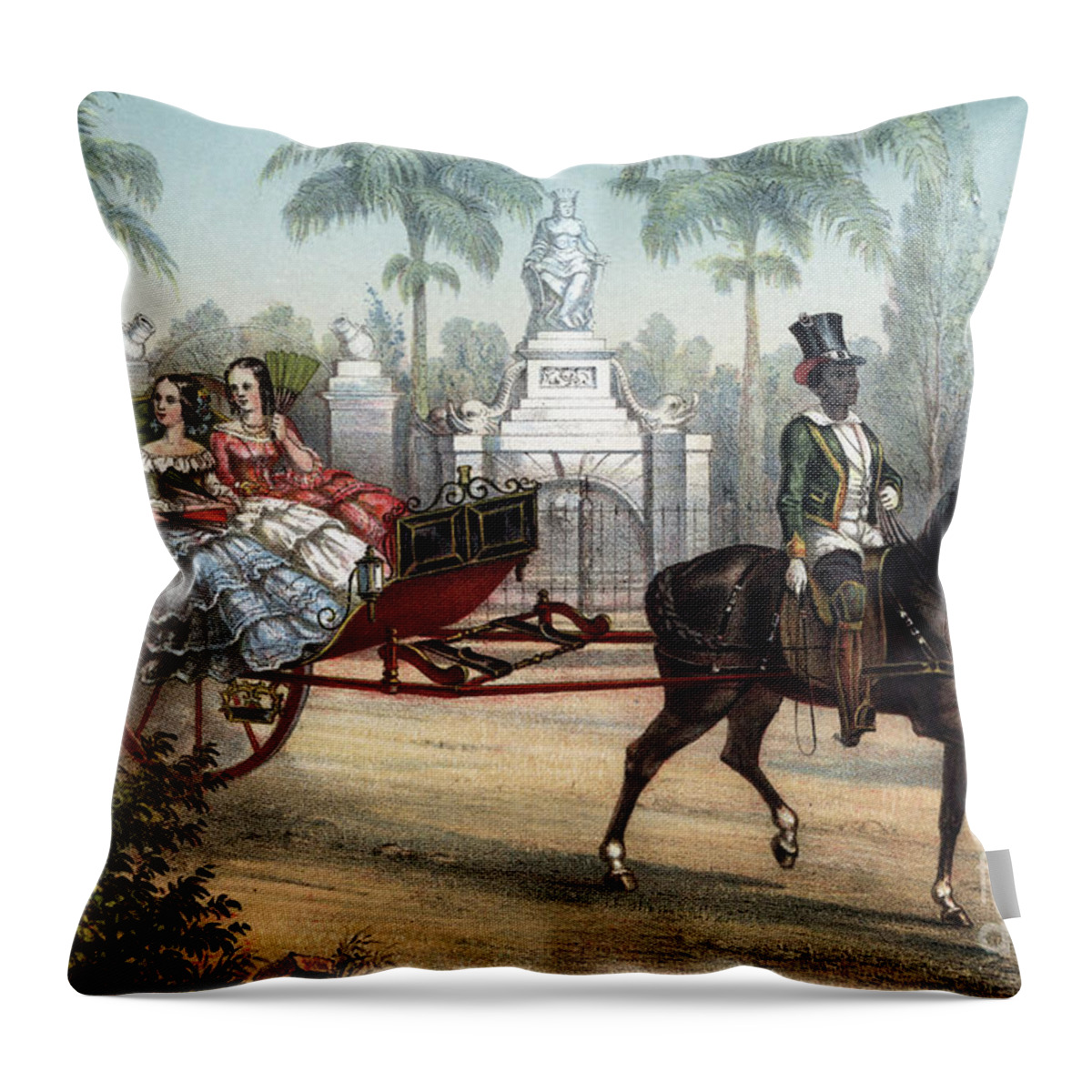 1855 Throw Pillow featuring the drawing Coachman with a horse and carriage in Cuba, 1855 by Granger