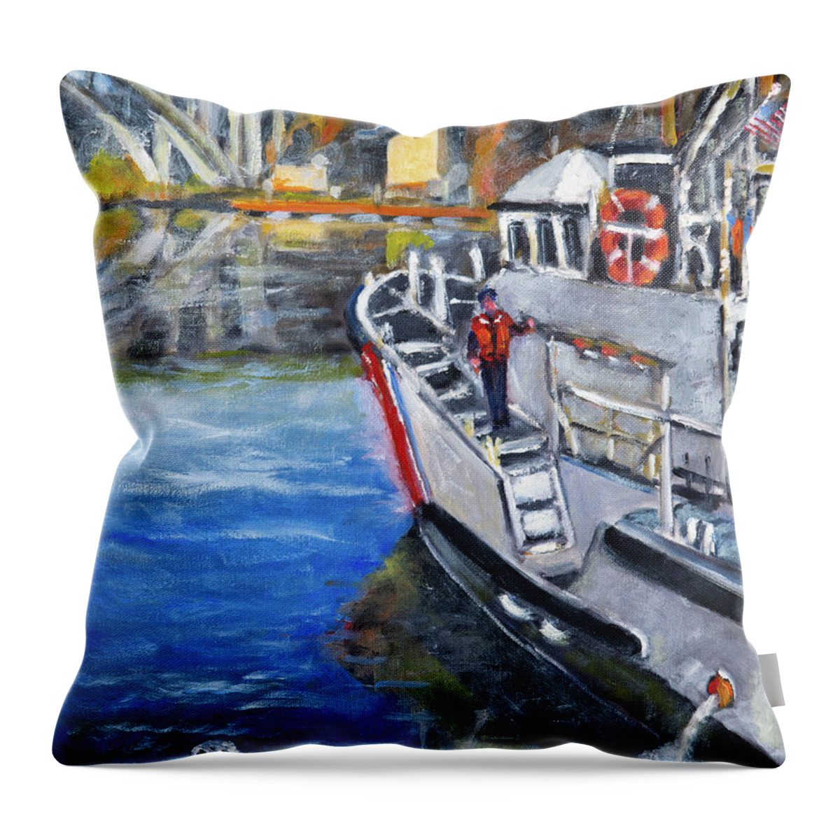Coast Guard Boat Throw Pillow featuring the painting Coast Guard Boat at Depoe Bay by Mike Bergen